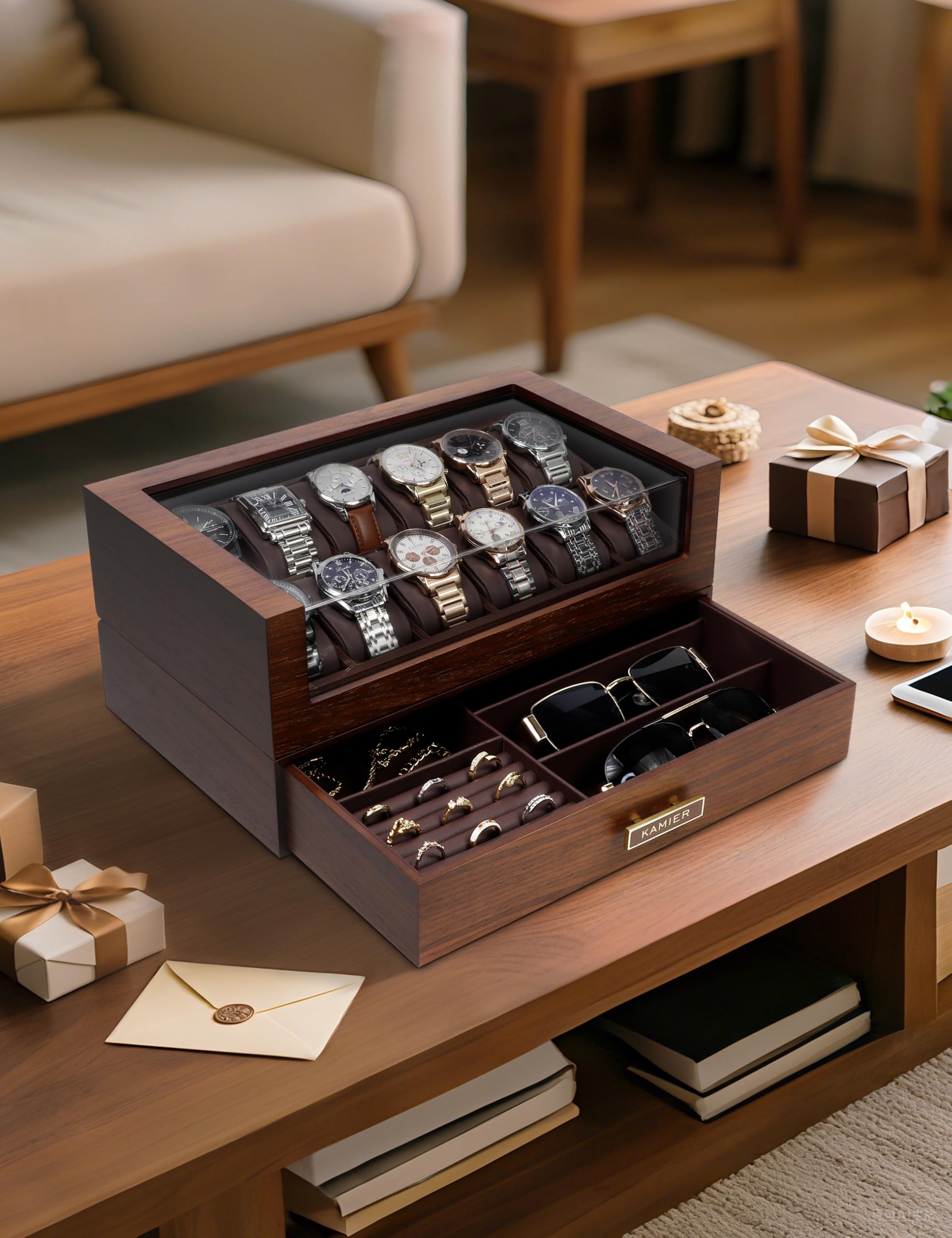 KAMIER Uhrenbox Herren mit 12 Fächern, Luxuriöse Groß Echtholz Watch Box 2 Ebenen, Uhrenkasten mit herausnehmbaren Uhrenkissen und Schublade, Premium Uhrenkoffer mit Glasdecekel (mit Geschenkbox)