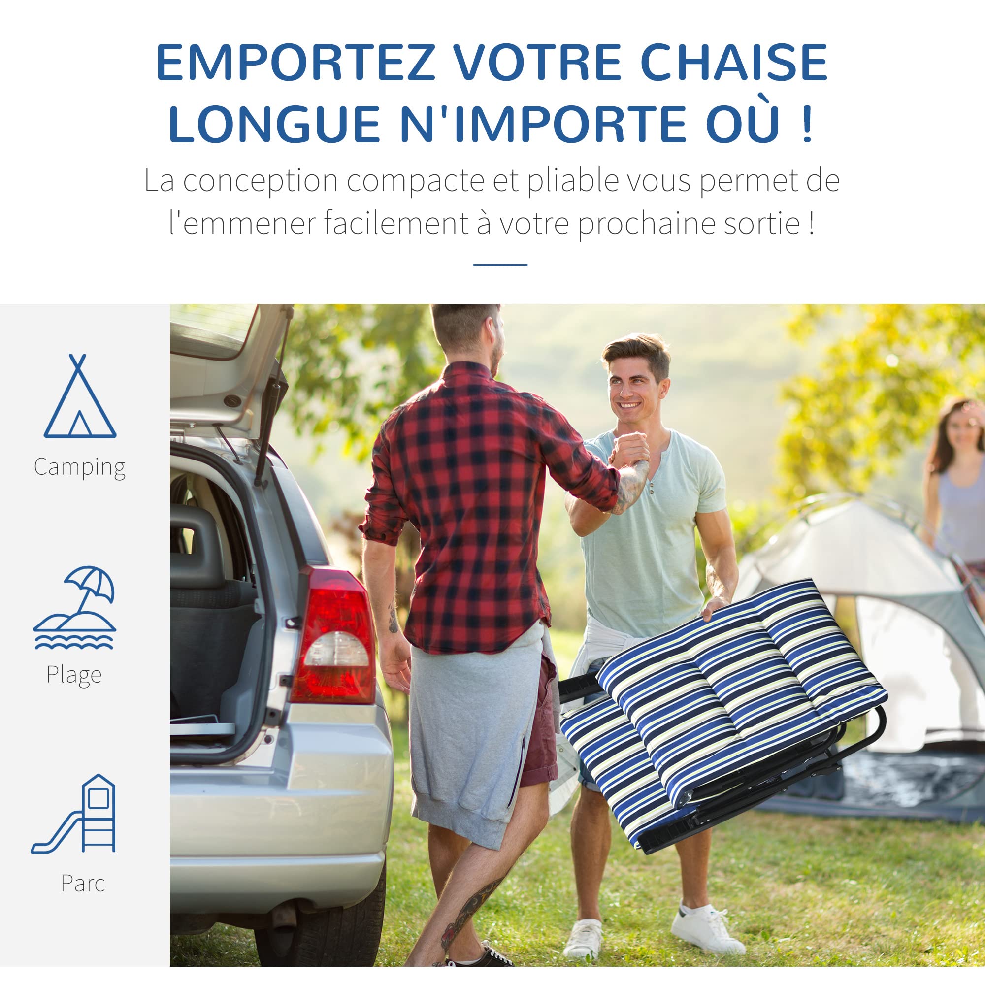 Outsunny Bain de Soleil Pliable Transat Inclinable 6 Positions Multicolore | Grand Confort, Avec Matelas, Accoudoirs, Acier Polyester, leger, Jardin Extérieur