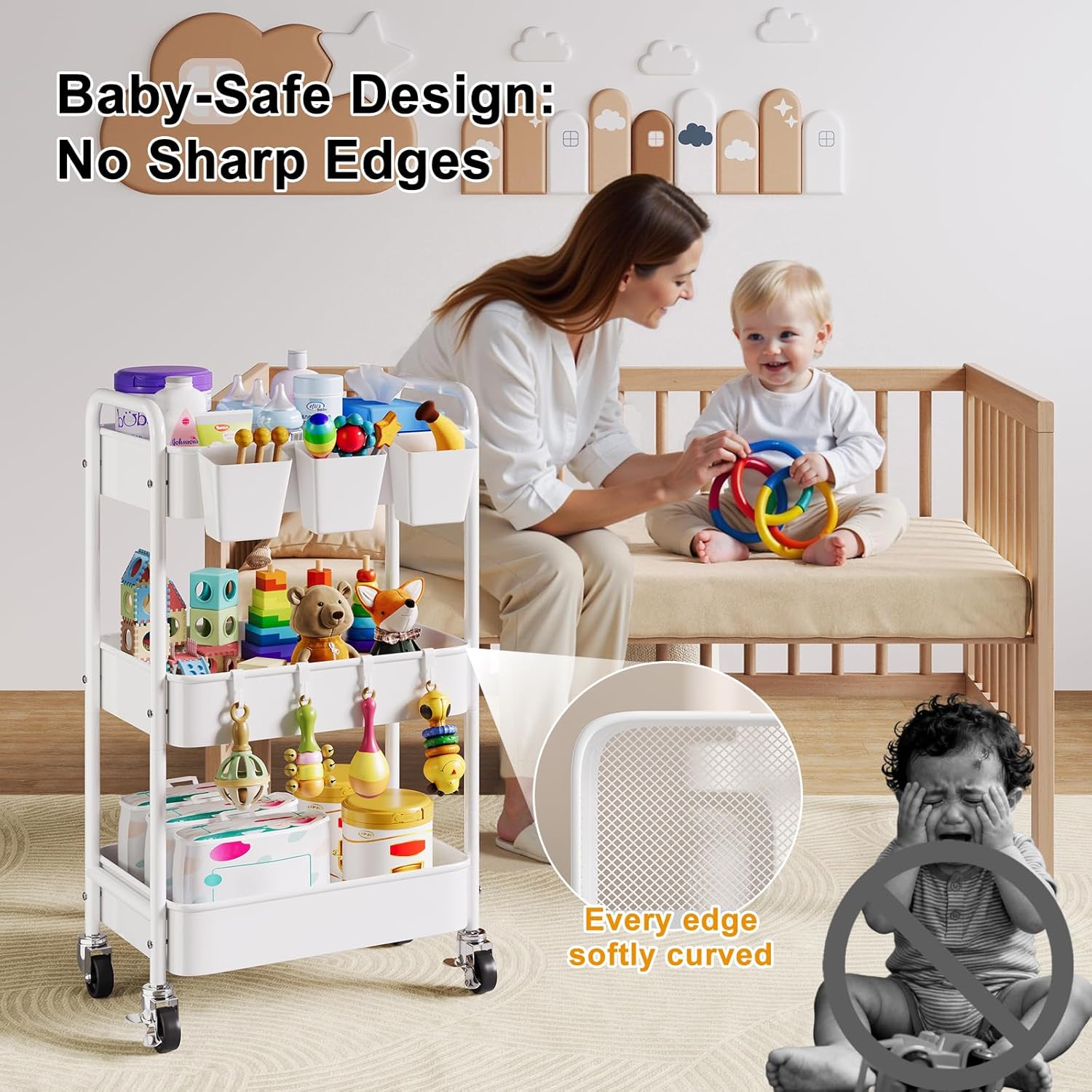 Diaper Cart Organizer with Wheels, 3 Tier Rolling Bedside Cart for Baby Essentials, Baby Organizers and Storage Diaper Caddy Carts for Changing Table, Crib, Bedroom, Newborn Nursery Supplies, White - Image 3