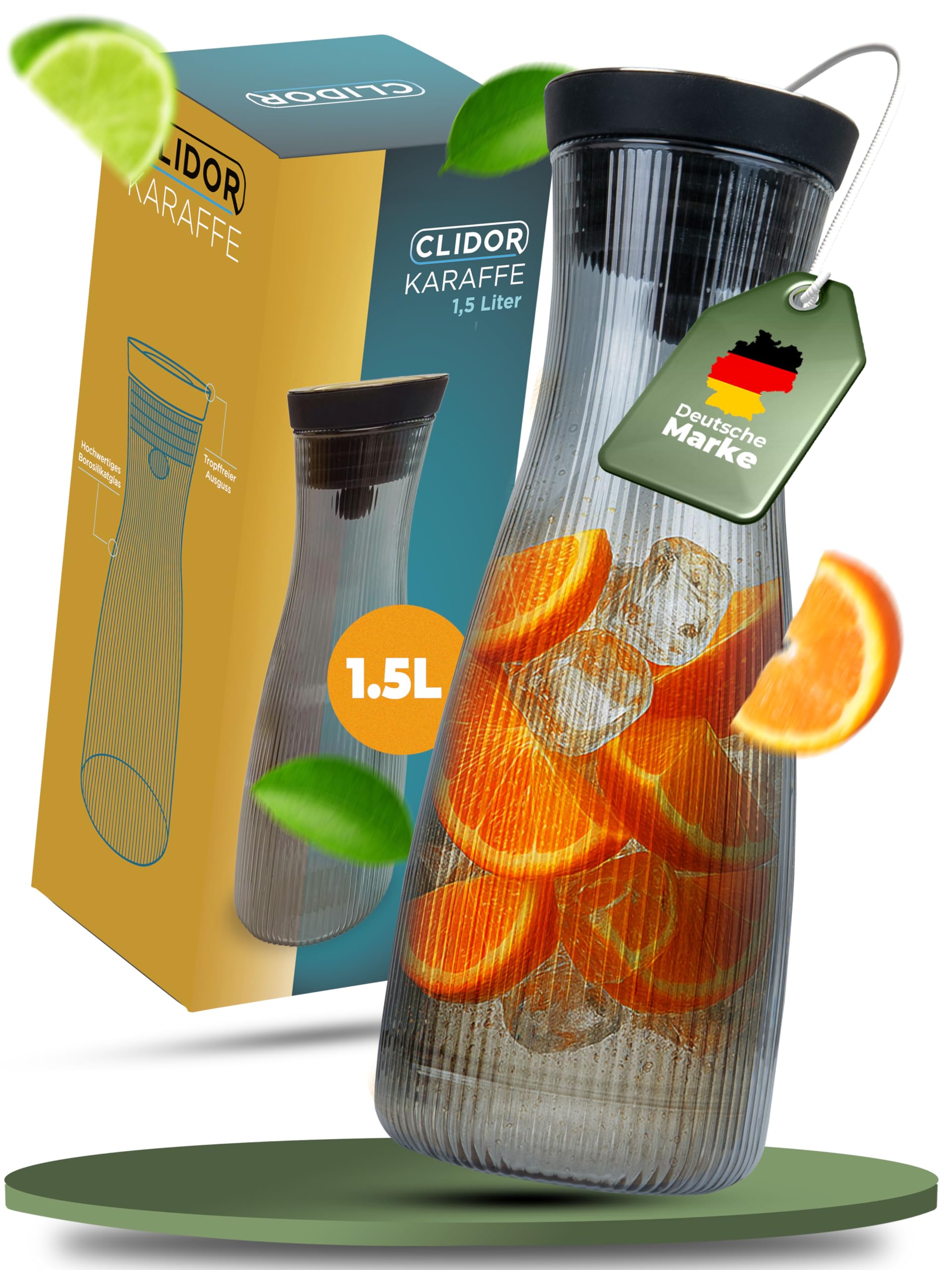 CLIDOR Wasserkaraffe mit Deckel - 1,5 L, edler Rauchglas Stil, Tropffreie Glaskaraffe mit Deckel, Eleganter Wasserkrug mit feiner Filterung, Ideal für Fruchtwasser, Säfte, Infused Water (1500ml)