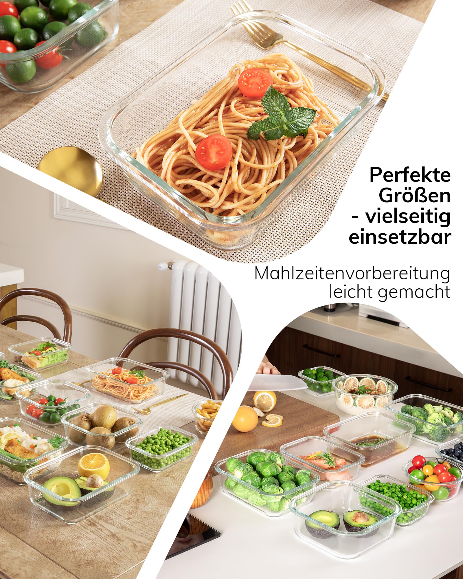 5er-Pack Borosilikatglasbehälter mit gehärtetemDeckel, 1040 ml/ 4,4 Tassen, luftdichtes Mahlzeiten-Vorbereitungs-Set, mikrowellen-/gefriergeeignet/ofen­fest-20℃~510℃, Grau