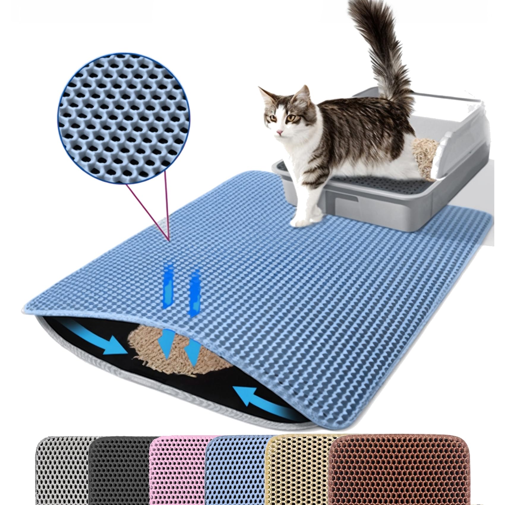 Extra Large Cat Litter Mat, 30x22 Inches Honeycomb Double Layer Cat Litter Trapping Mat, Non Slip Waterproof Urine Proof Large Kitty Litter Box Mat for Floor, Kitten Supplies, XL, Blue
