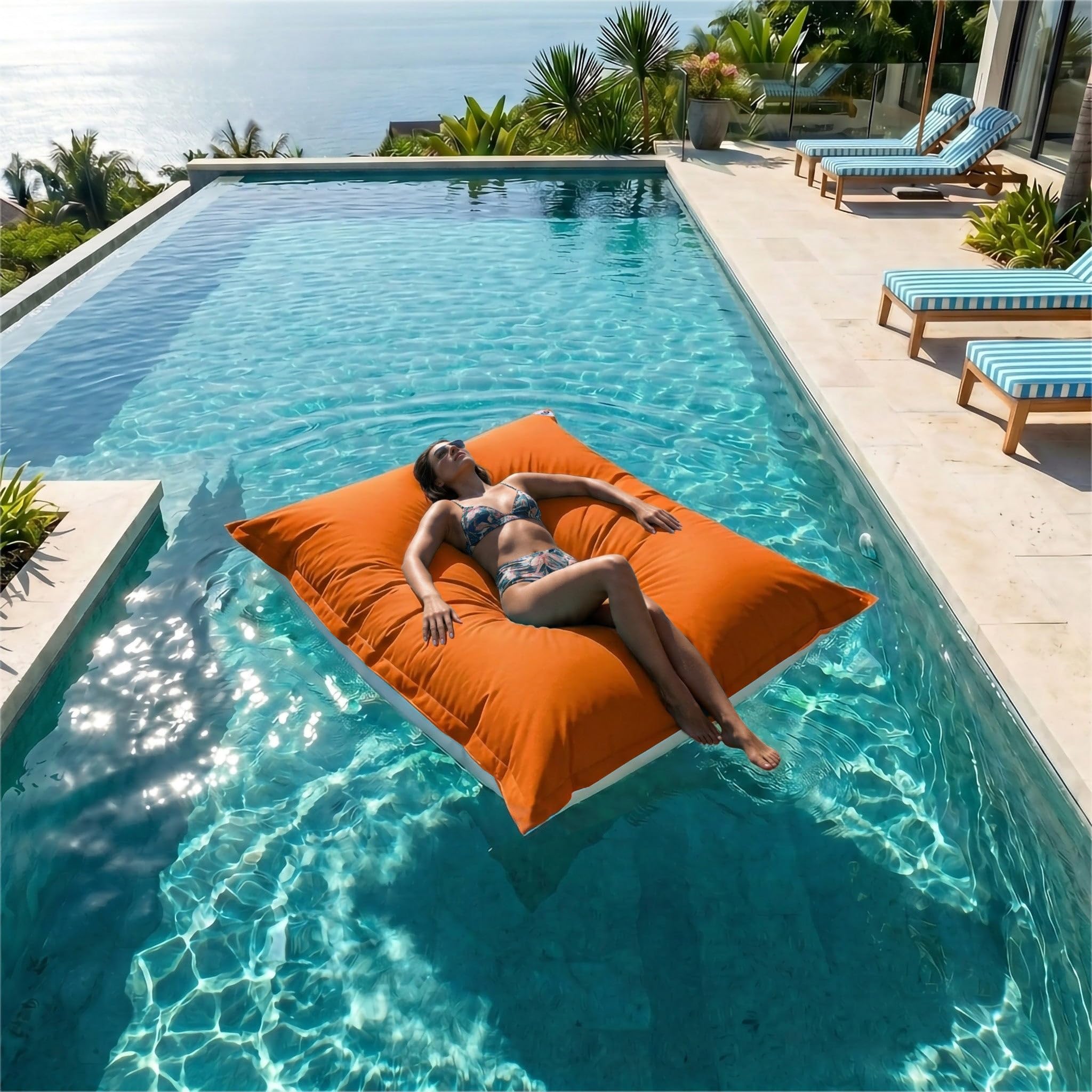 Pouf da Esterno Gigante XXL 180x140cm Imbottito (Non Gonfiabile) Galleggiante Piscina - Pouf Giardino Impermeabile Sfoderabile - Riempimento 450L Palline Polistirolo - Arancione