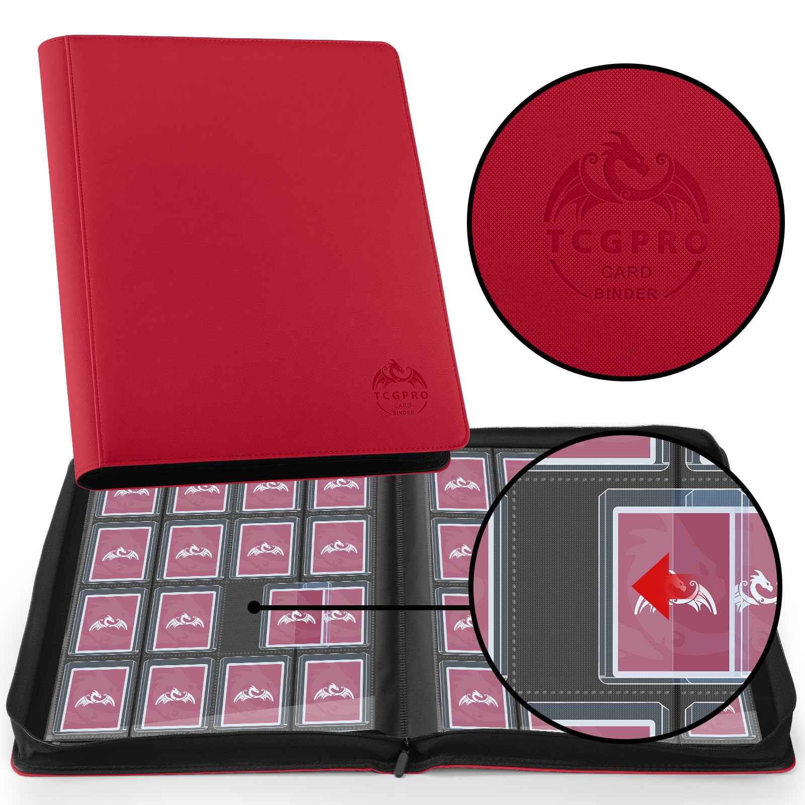 TCGPRO 16 Pocket Toploader Binder, für 640 3"x4" Sammelkarten mit Hüllen, Toploader Album 20 doppelseitige Seiten, kompatibel mit Trading Card, Sportskarten etc. Rot