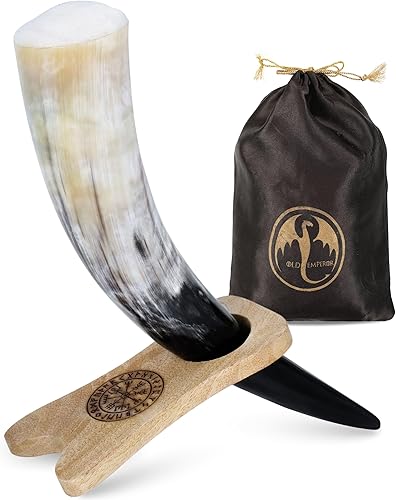 Cuerno vikingo para beber, con Vegvisir grabado en soporte de madera, regalo vikingo para hombres y mujeres, único y hecho a mano, seguro para