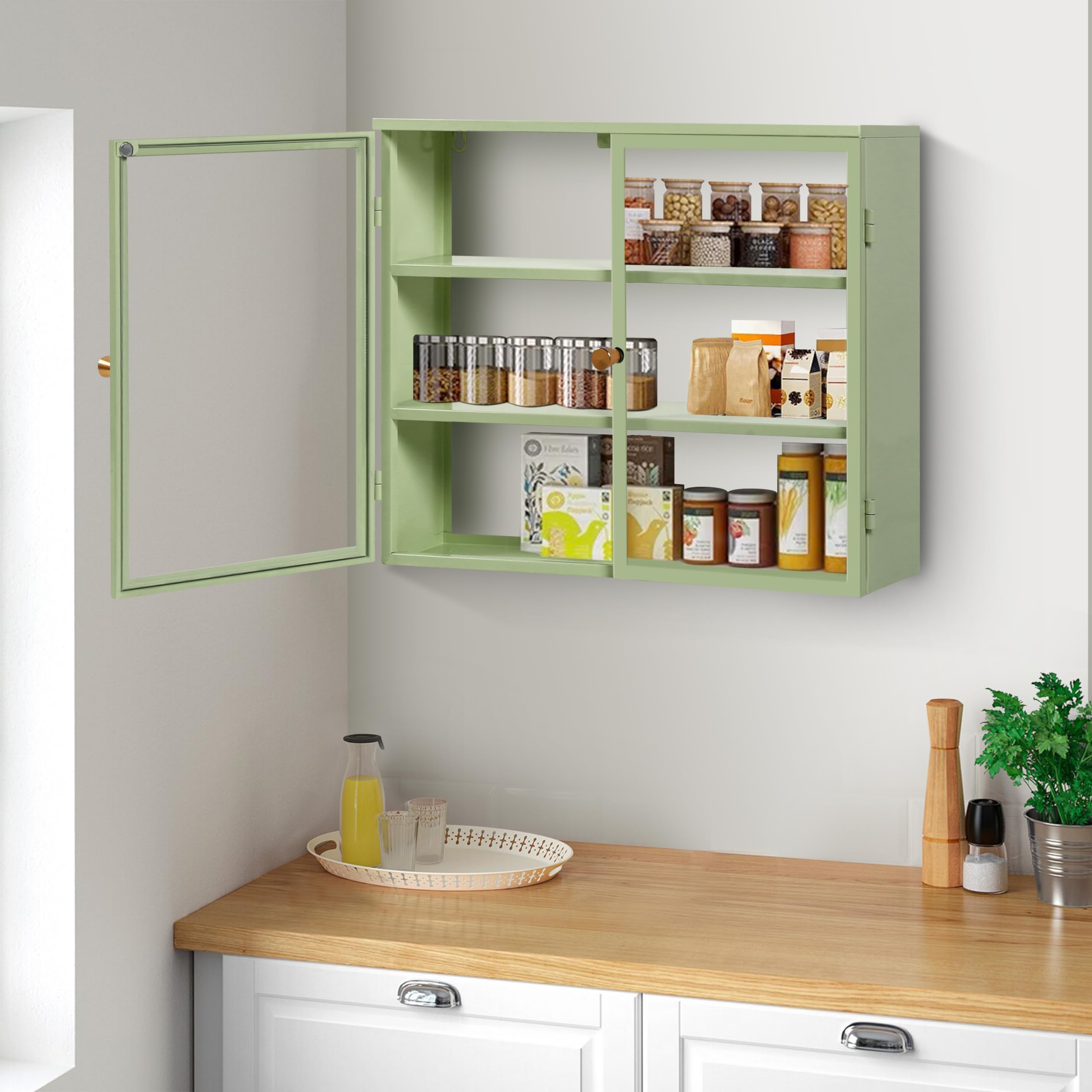 Amazon.com: Green Modern Bathroom Wall Cabinet with Glass Door and 3 ...