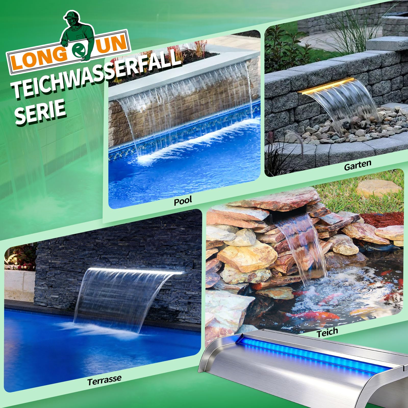 LONGRUN 90cm Gebogener Teich-Wasserfall aus Edelstahl 304 mit RGB LED-Leiste & Bluetooth-App-Steuerung, Garten-Wasserfall für Teich, Pool und Schwimmbad