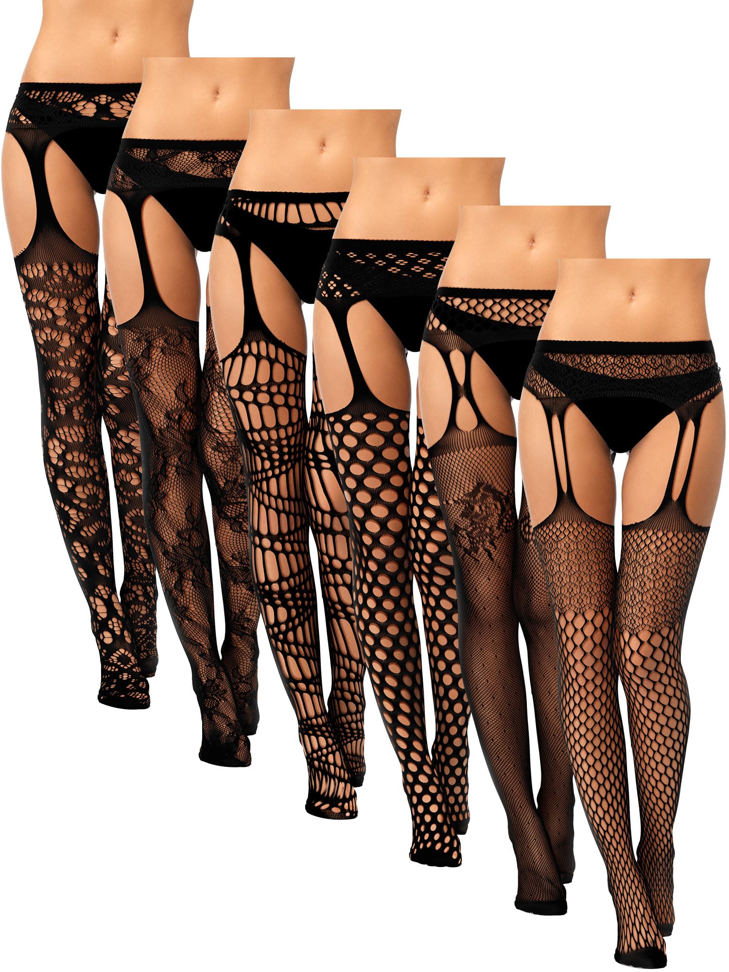 Geyoga 6 Pairs Women Fishnet Thigh High Stockings Suspender Pantyhose Lingerie Garter Belts Tights for Women Girls