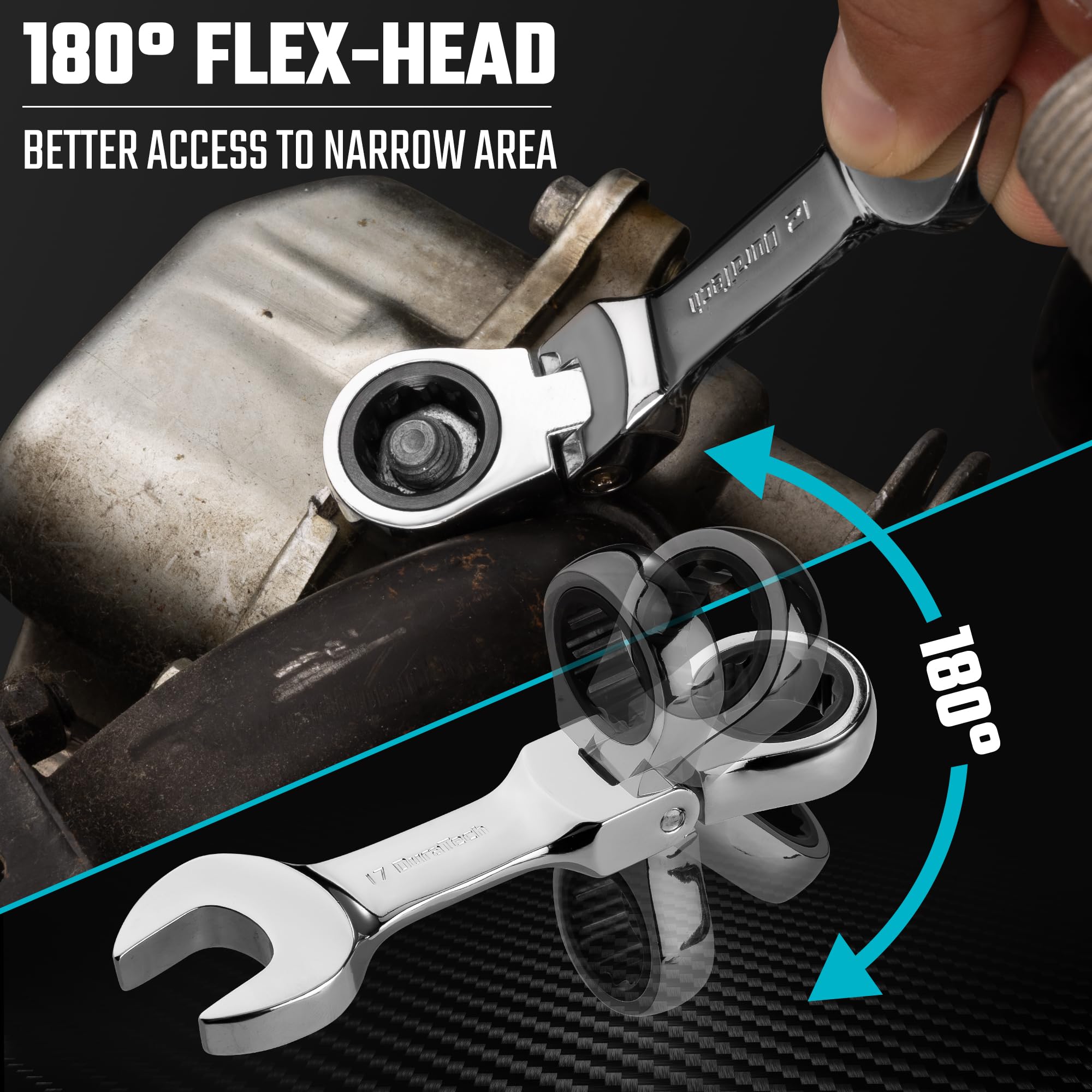 DURATECH Stubby Flex-head Zestaw kluczy płasko-oczkowych, metryczny, 12-częściowy, 8-19 mm, stal CR-V, z woreczkiem