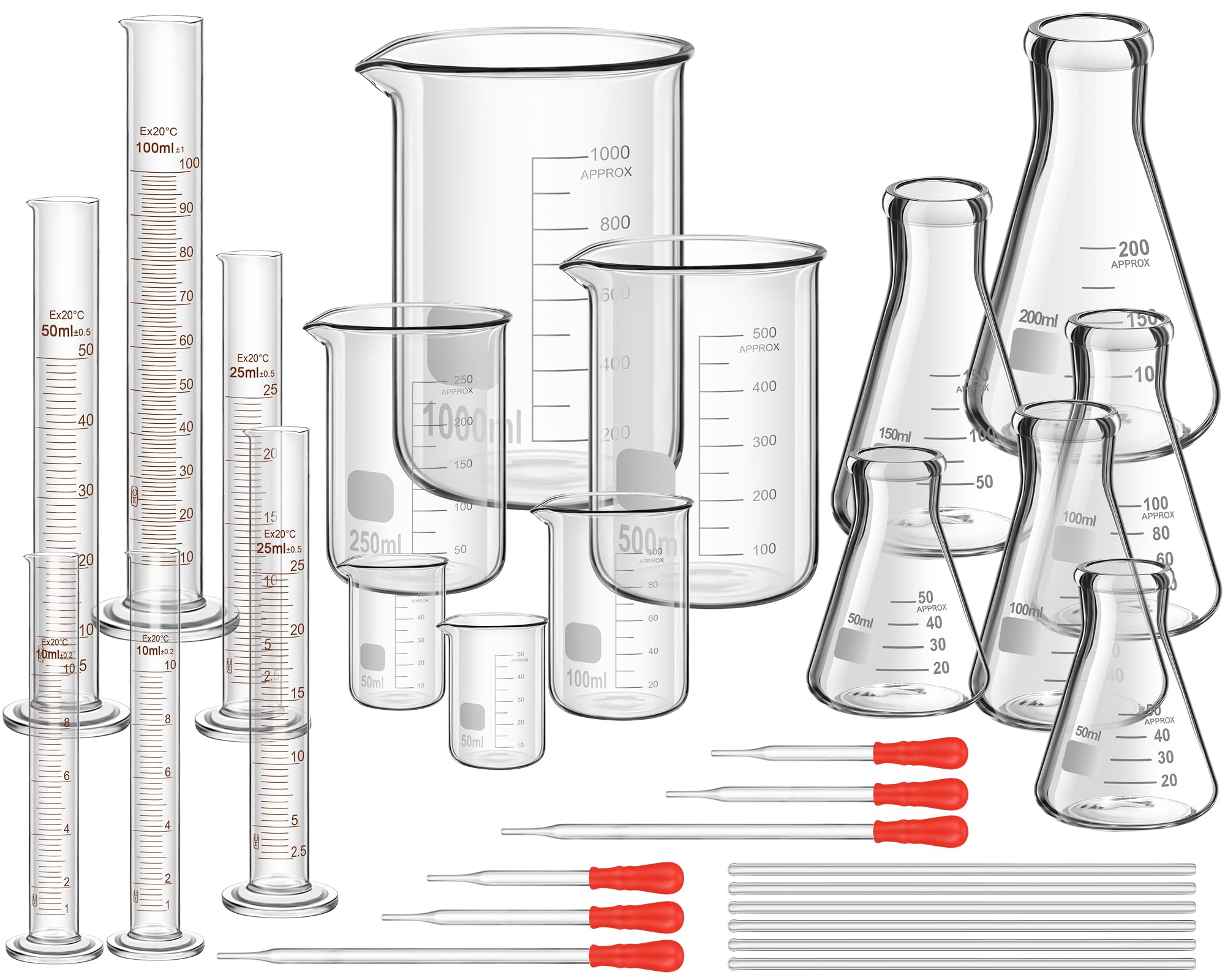 Frienda 50/100/250/500/1000ml Lab Glassware Include Graduated Cylinder, Glass Beaker Set, Glass Dropper, Stirring Rod, Measuring Cups for Laboratory Science Chemistry Supplies (20 Pcs)