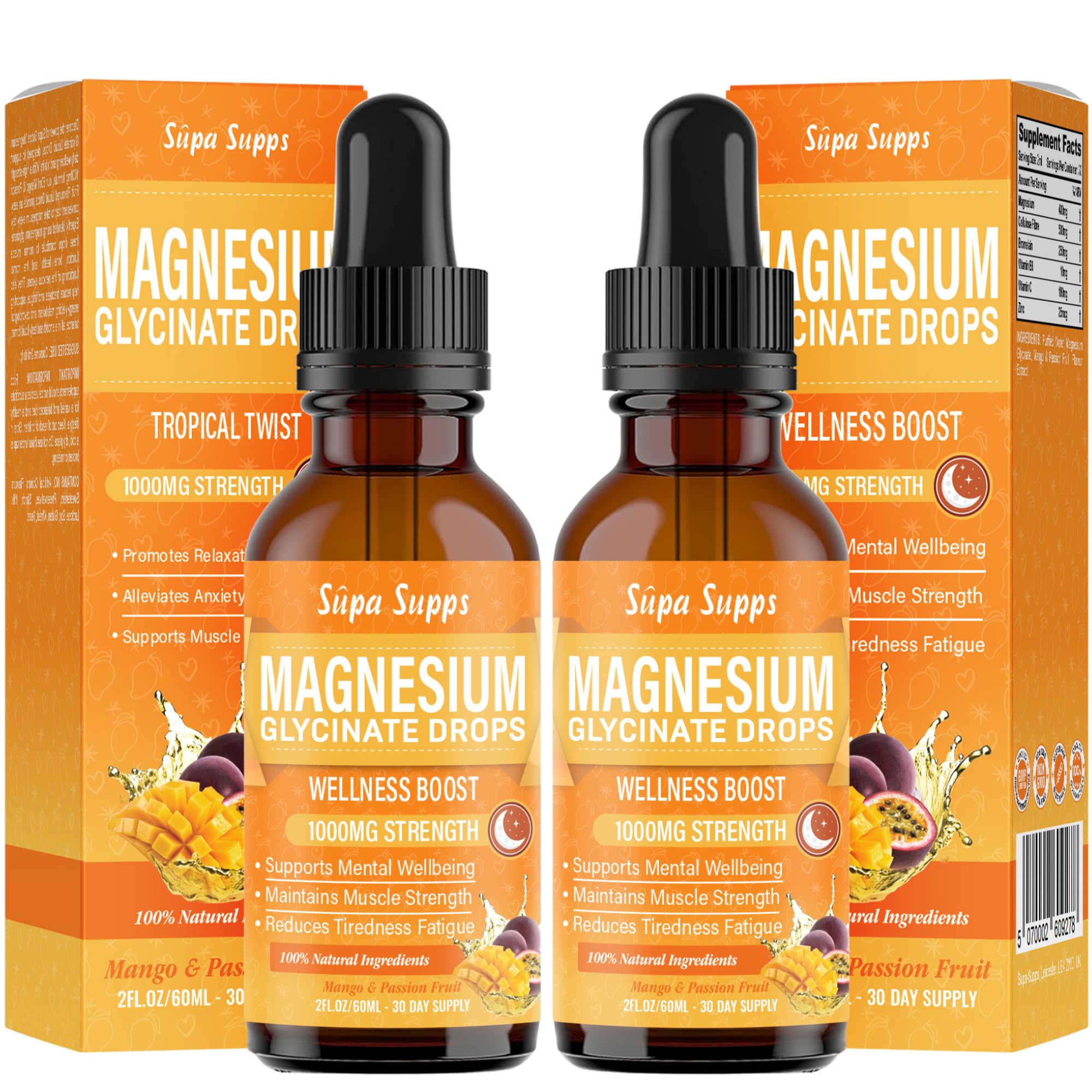 Magnesium Glycinate Liquid 120ml - Mango & Passion Fruit Flavour | Supa Supps Magnesium Glycinate 3-in-1 Complex | Fast Absorption | Premium Pure Formula, Easy-to-Take Supplement for Daily Balance