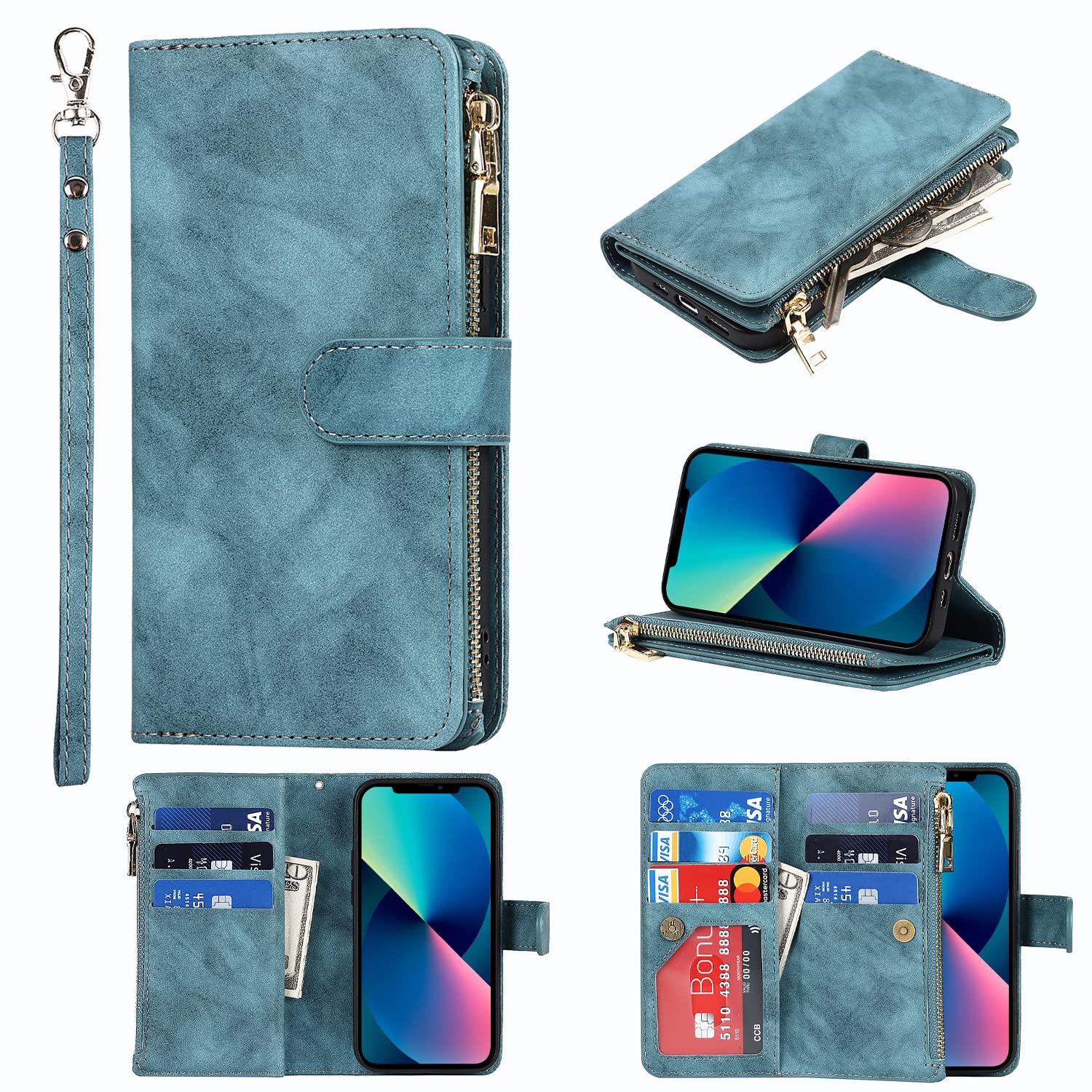 SailorTech Wallet Leather Case for iPhone 13 Mini Flip Case Folio Cover with Card Slots Wrist Strap Magnetic Buckle Stand Function Zipper Change Pocket Case Blue