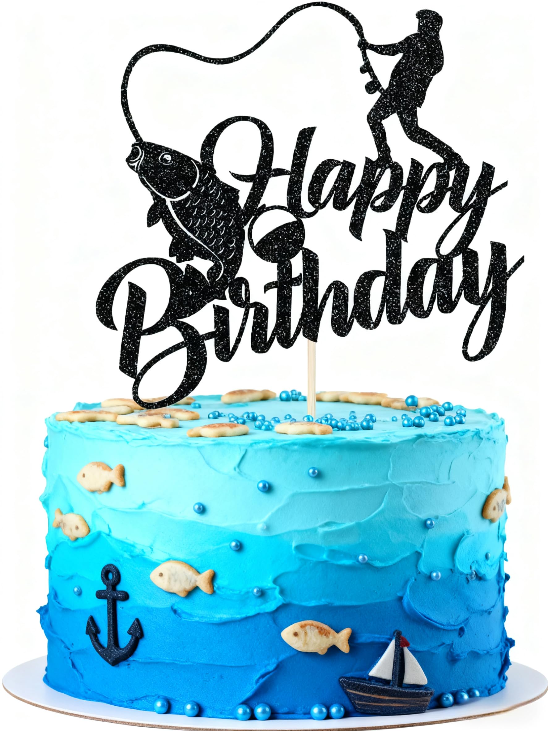 KSHGTB Fishing Cake Topper，Fisherman Birthday Party Decorations,Outdoor Fishing Themed Cake Decoration,Boys and Girls Birthday Party Decorations Black flash