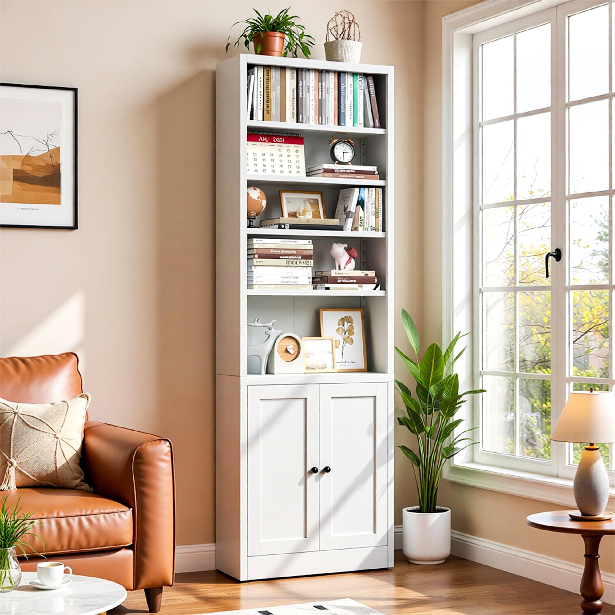 24" breites Bücherregal mit Schrank, 7-stufiges Bücherregal und 5 verstellbare Einlegeböden, hohes Metallbücherregal für Home Office und Wohnzimmer