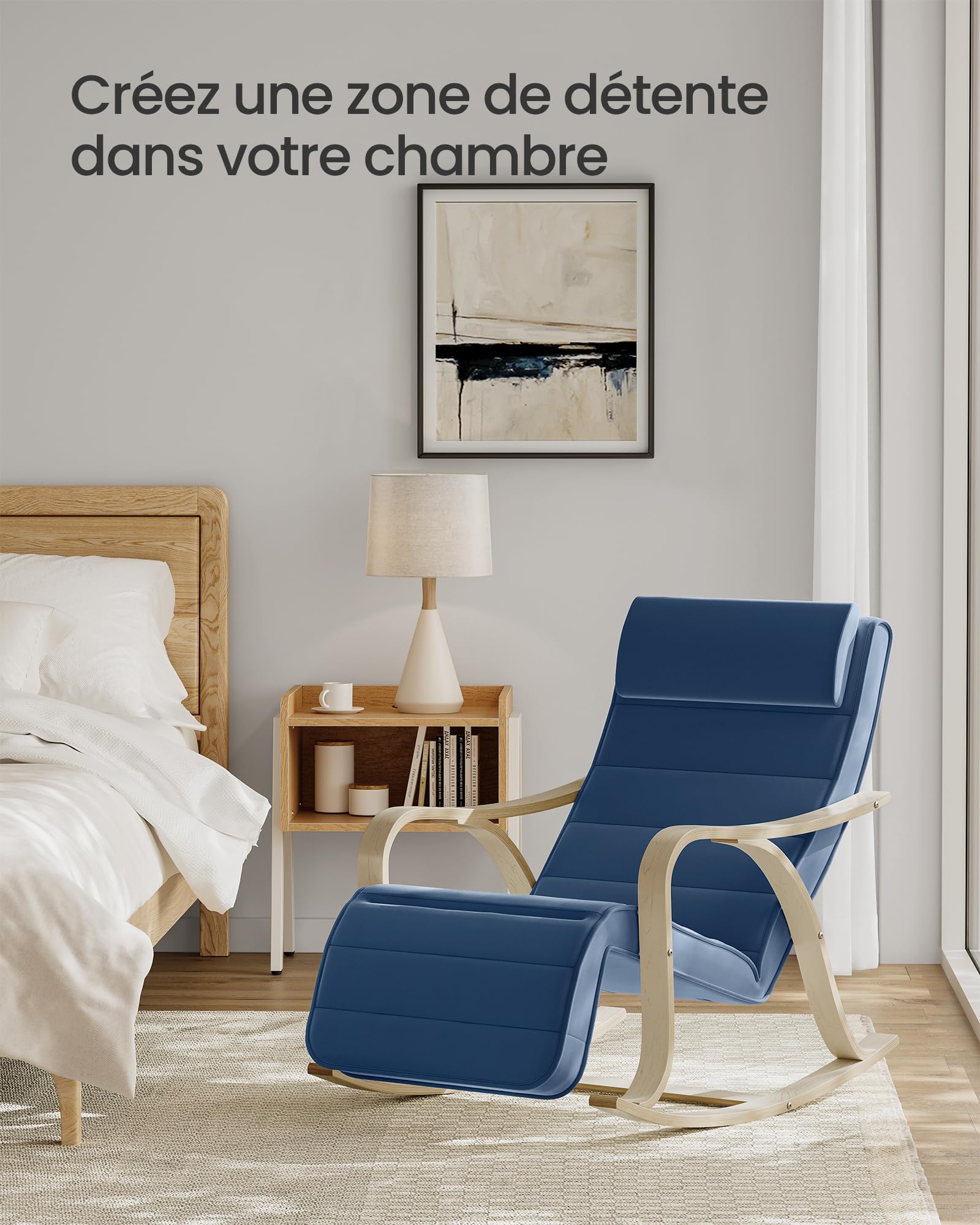 SONGMICS Fauteuil à Bascule en Bois de Bouleau, Chaise Berçante avec Repose-Pied Réglable sur 5 Hauteurs, Housse en Coton, Capacité de Charge 150 kg, Bleu Minuit LYY041Q01, 67 x 116 x 88 cm
