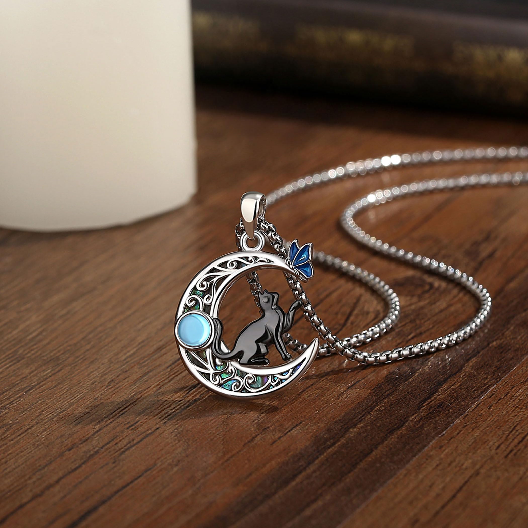 AEONSLOVE Collar Gato y Luna para Mujer Niña Colgante Piedra de Luna Plata de Ley 925, Collares Sol y Luna Joyas de Gato Negro Bruja Regalo para los Amantes de los Gatos