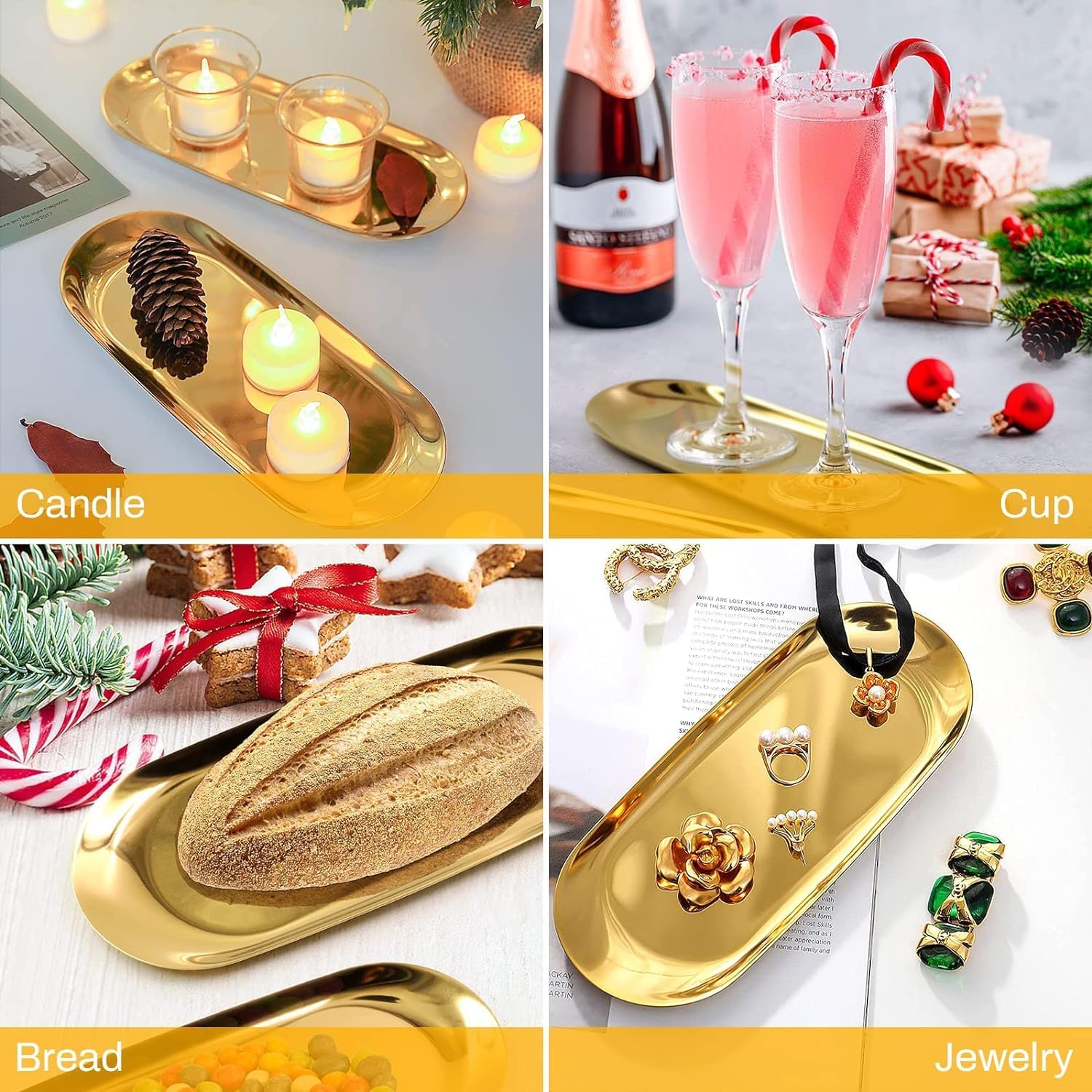 2 Vassoi Decorativi Oro - Ovale 23x9.5cm, Acciaio Inox, Per Gioielli, Cosmetici, Frutta - Foto 6