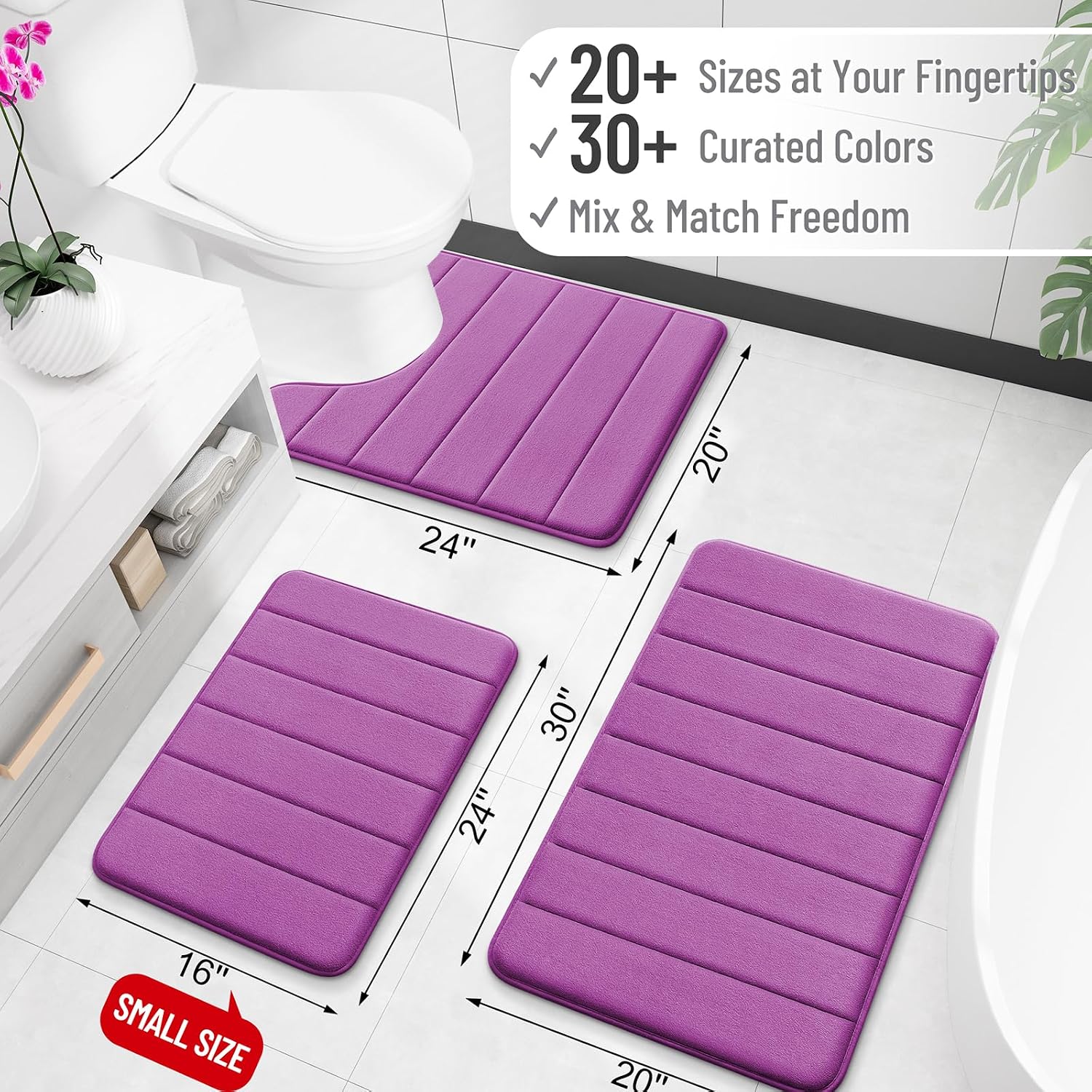  Memory Foam Bath Mat 24x16, Super Soft and Absorbent Bathroom Rugs | Purple, Quick Dry Bath Rug, Machine Washable Shower Floor Mats, Bathmat Carpet for Bathroom Floor, Tub and Shower thumbnail