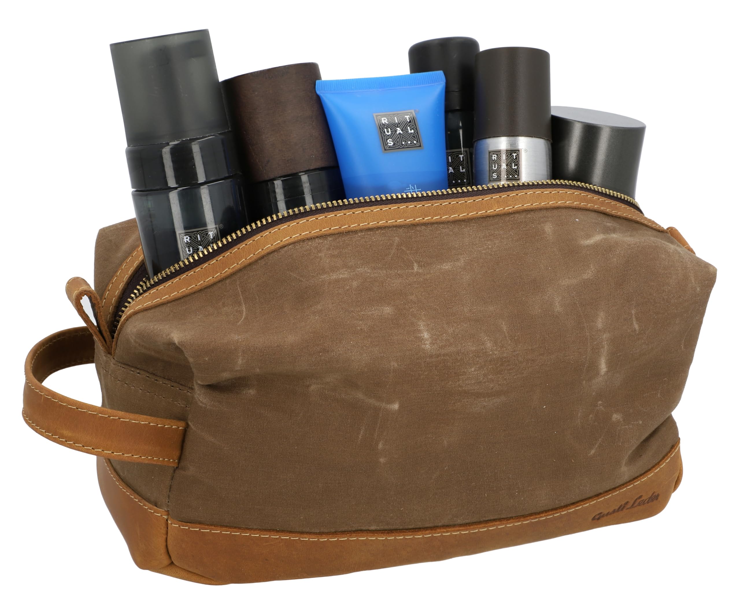 Gusti Waschtasche Leder - Myra Kulturtasche Kulturbeutel mit wasserfestem Canvas Braun Leder