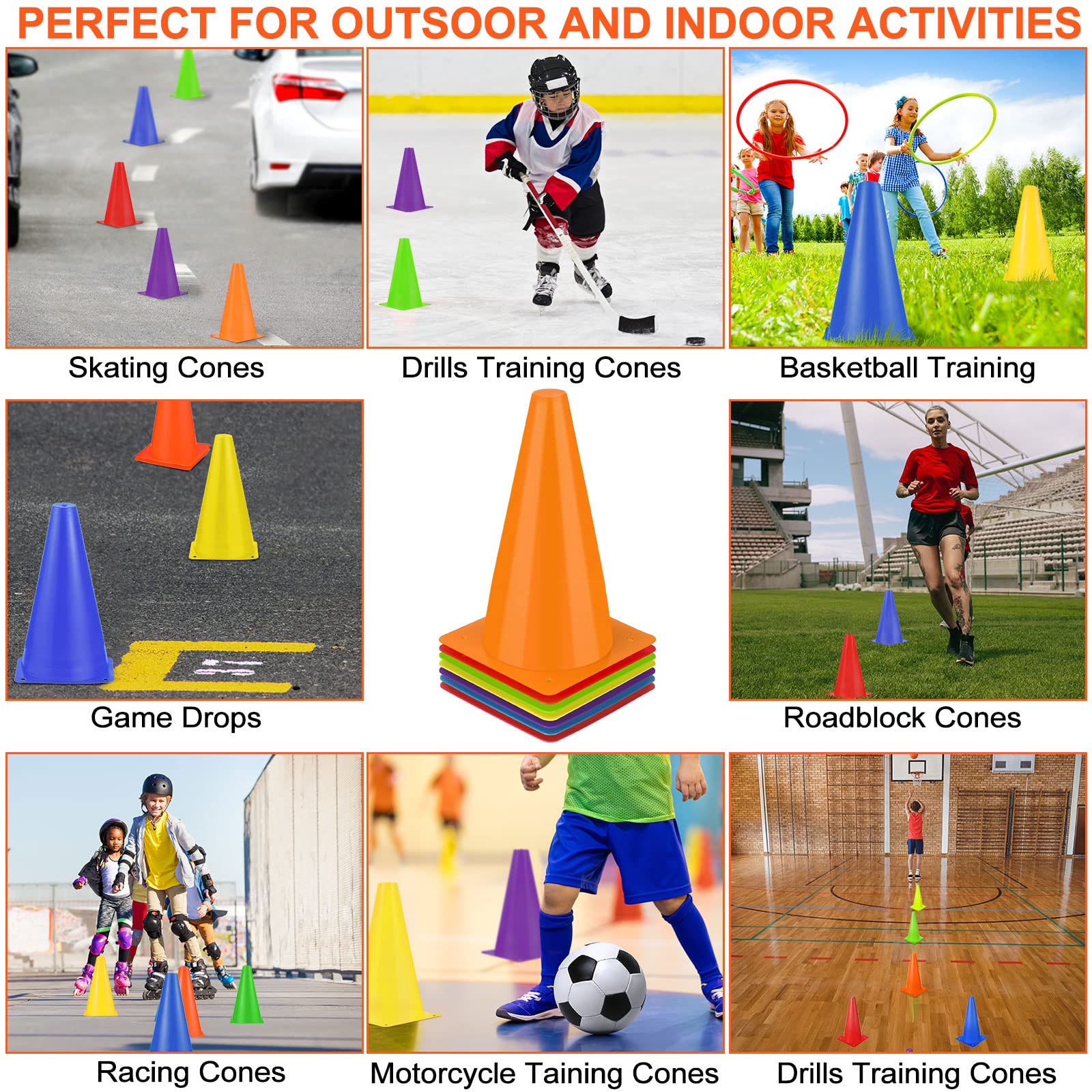 Hoteam 30 coni da traffico in plastica da 22,9 cm, per allenamento di agilità, attrezzature di sicurezza per allenamento di calcio, pallacanestro, esercitazioni, attività all'aperto ed eventi