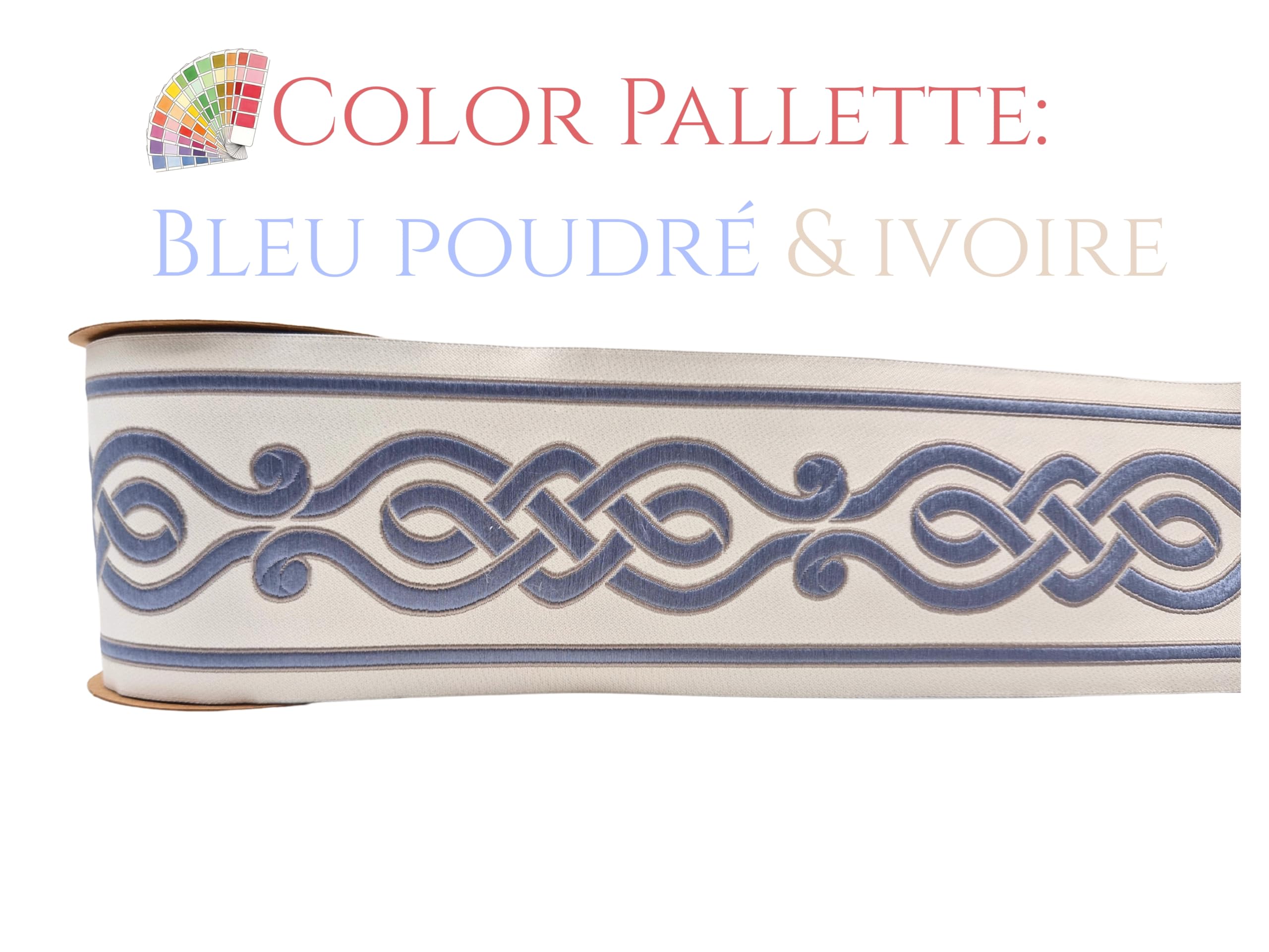 Besticktes Gardinenband, 100 mm, keltisches Muster, ideal für Vorhänge, Tapisserie, Nähen und Dekoration, 3,5 m, puderblau und elfenbeinfarben