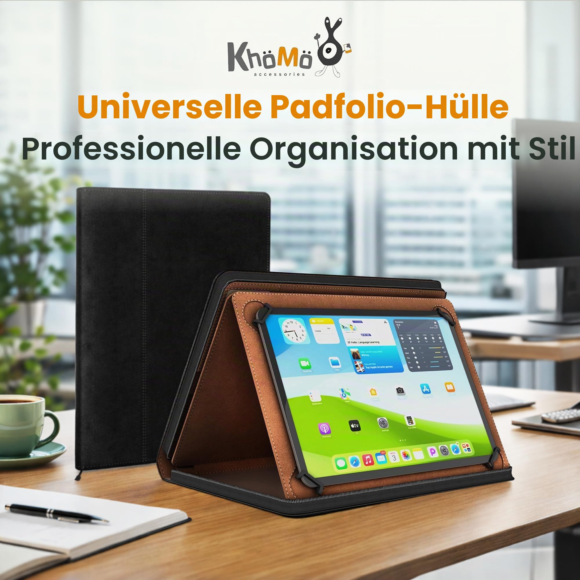 KHOMO Universal Padfolio Case - Portfolio Organizer für Tablet 8,5 bis 11 Zoll - PU Leder Notebook Pad Halter Ordner für iPad, Air, Pro & andere