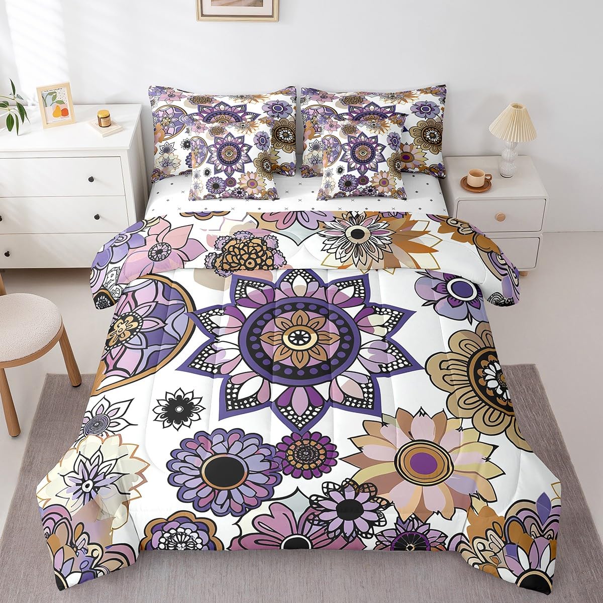 7-Piece King Size 70s Retro Floral Comforter Set - Includes Sheets, Shams & Pillowcases