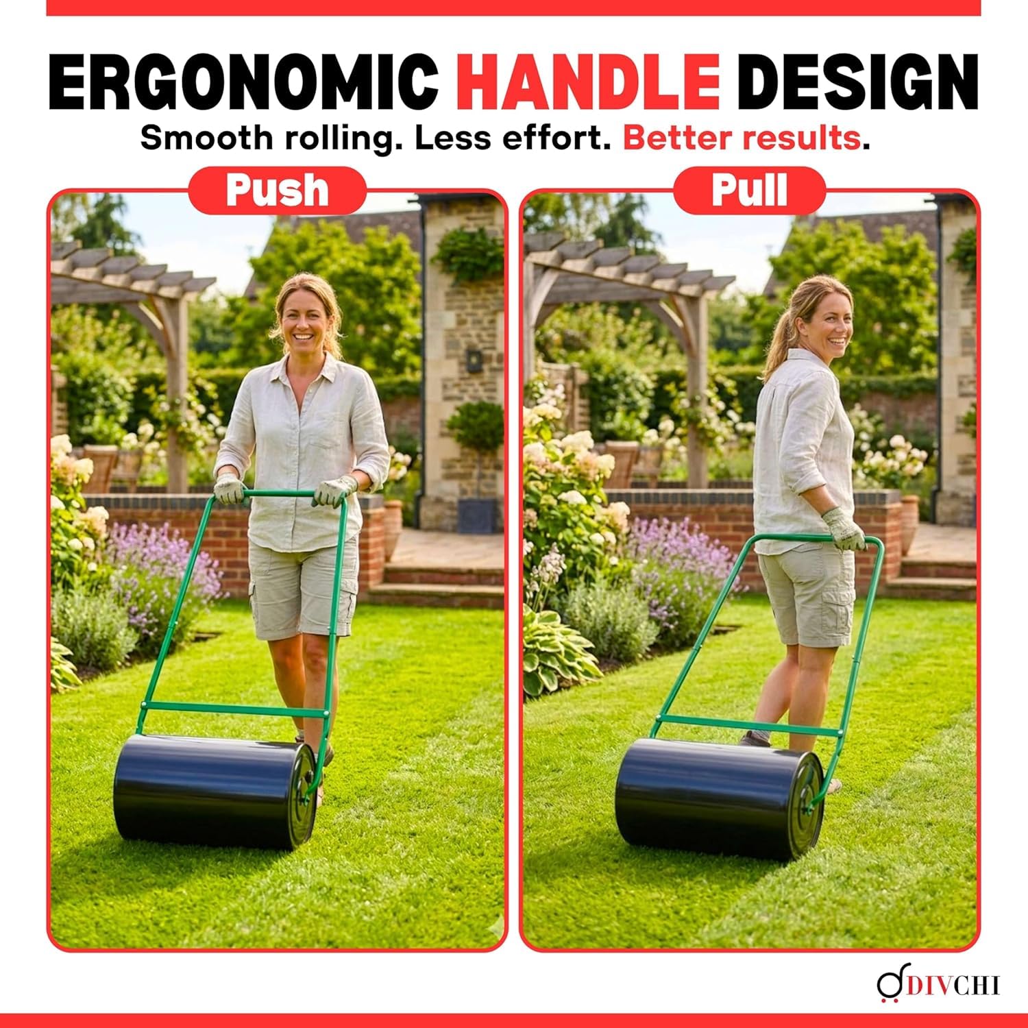 DIVCHI Rouleau à Gazon Robuste – Rouleau à Gazon de Jardin rempli d'eau ou de Sable – Rouleaux de Sol et d'herbe, niveleur avec Barre de racloir, Outils de Jardin/Rouleaux pour pelouse