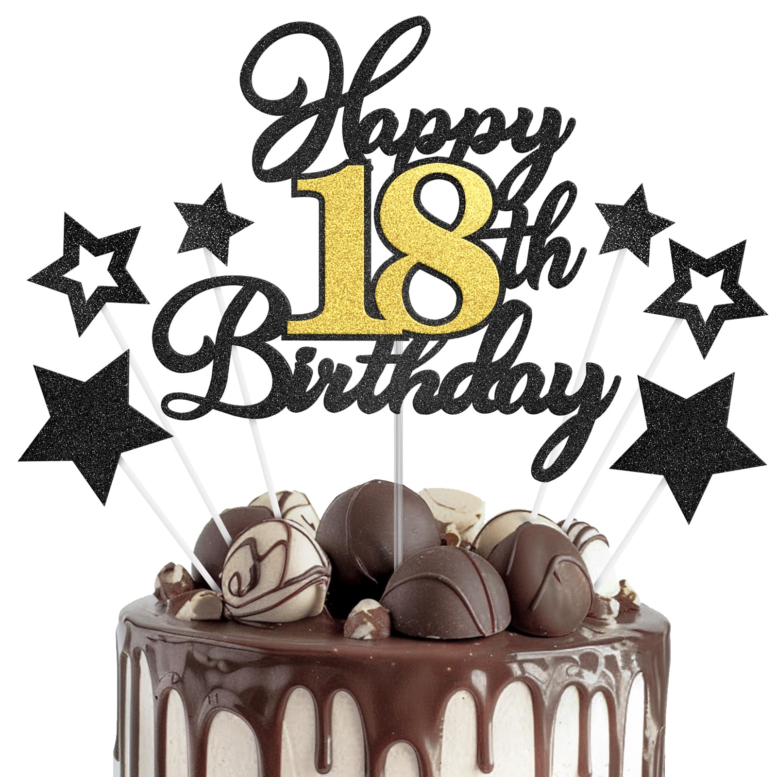 Tyqour Decorazione per torta per 18° compleanno, ragazza, Happy 18° compleanno, decorazione per torta dorata, nero, Happy 18° compleanno, topper per torte, decorazione per torte