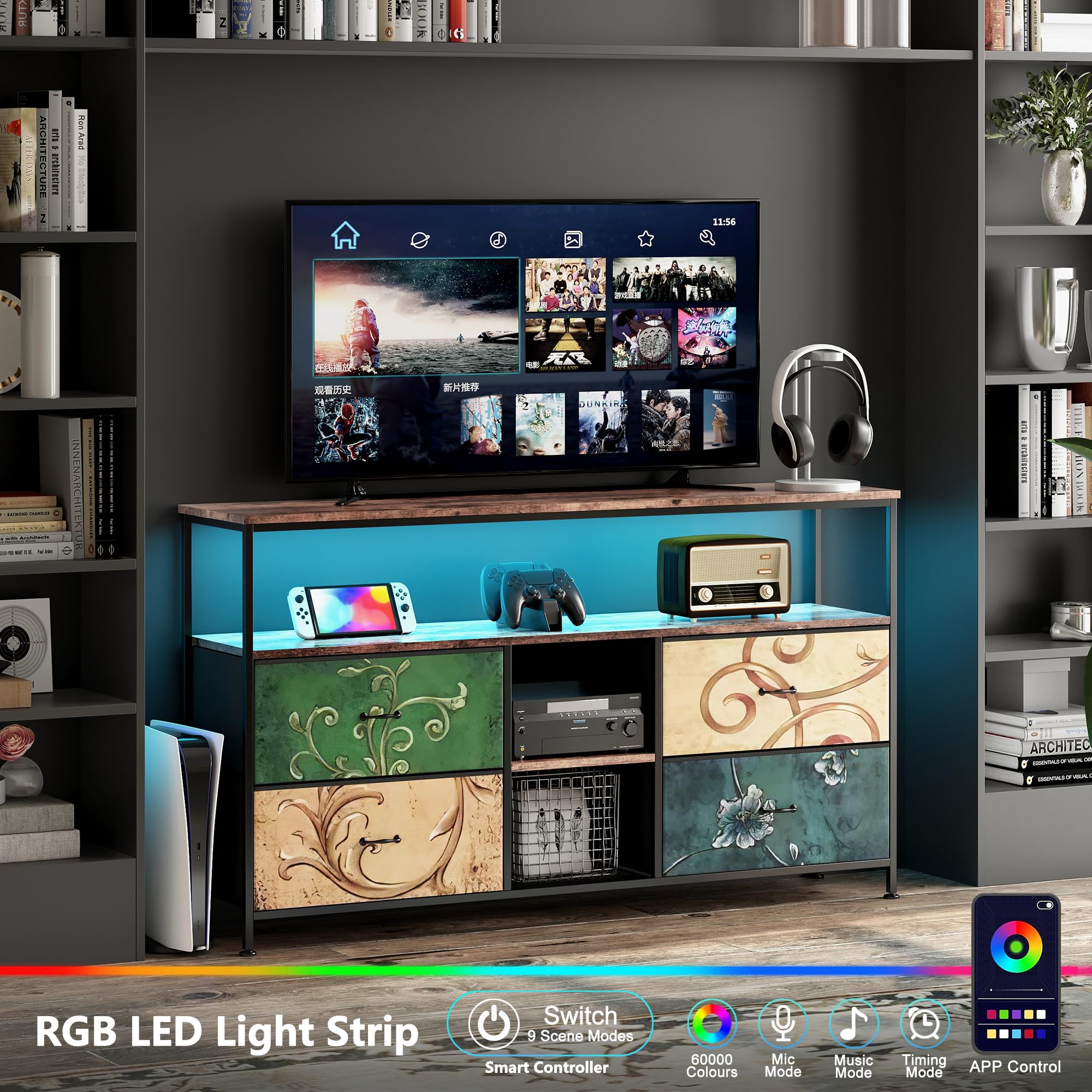 Mueble de TV con LED, 137 cm Armarios de Entretenimiento con 4 cajones de Almacenamiento extraíbles, Banco de TV con Espacio de Almacenamiento, Mueble de Salón Moderno﻿ (Color, 137cm)