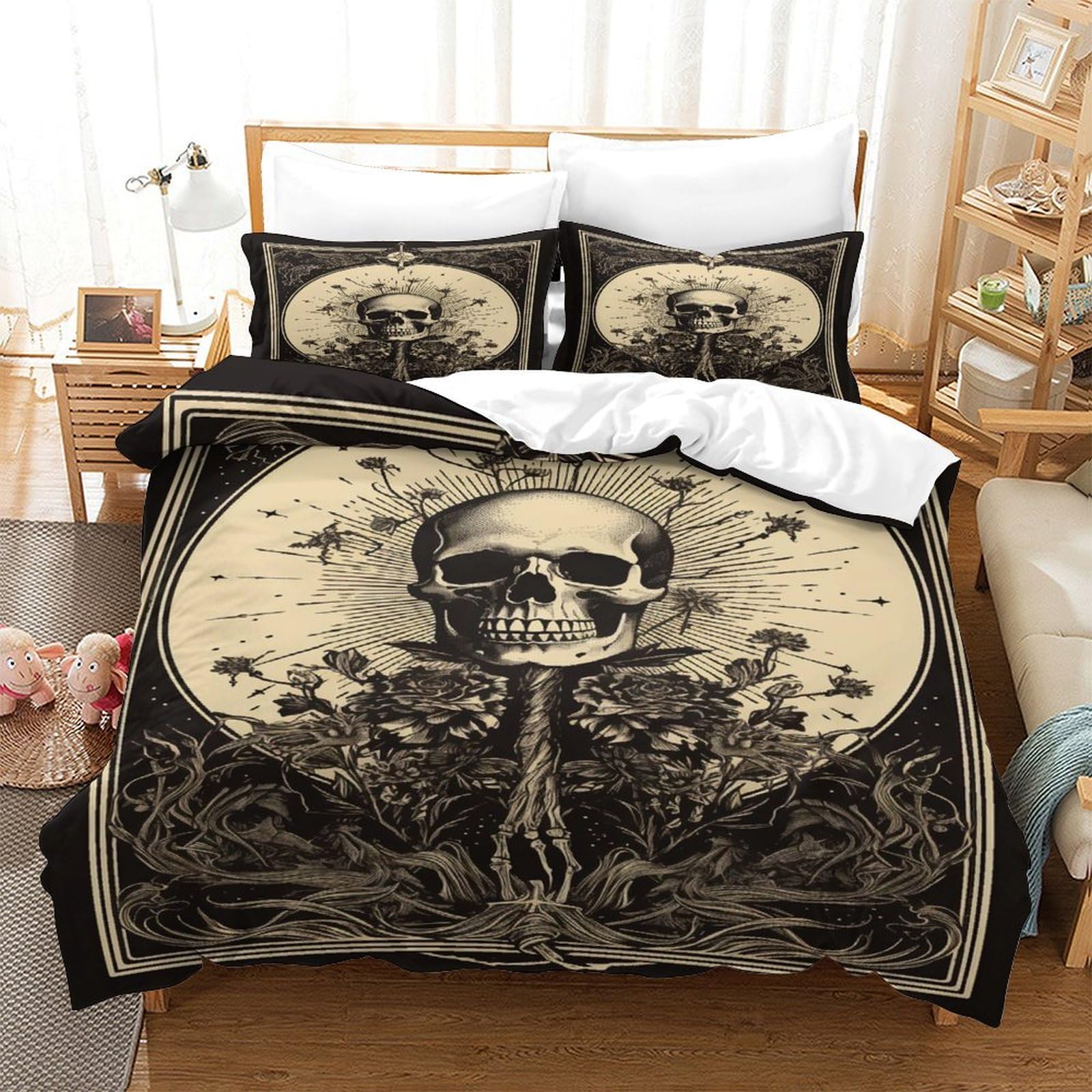P1S9U7W5Y Vintage Skull 3D Printed Duvet Cover Set 3pcs Microfiber Gothic Skeleton Bedding Set Double