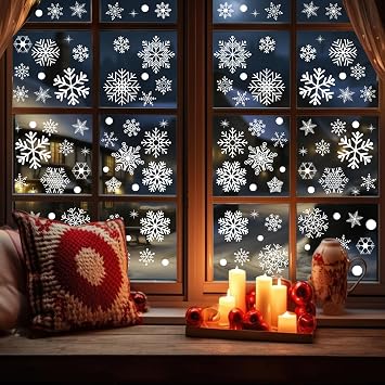 12sheets 480PCS Christmas Snowflake Window Clings Decorations,Xmas Cute Winter Decals Stickers for Home Room Office Glass Windows Door Wall Holiday Party Decor