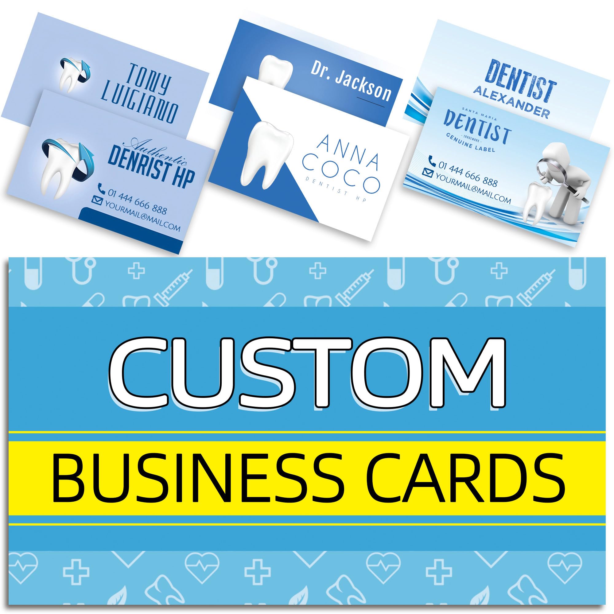 Custom Business Cards with Your Logo, Customize 100PCS Double-sided printable, Personalized for Small 300gsm Waterproof 3.5'' x 2'' (Dentist Tooth Care Template)