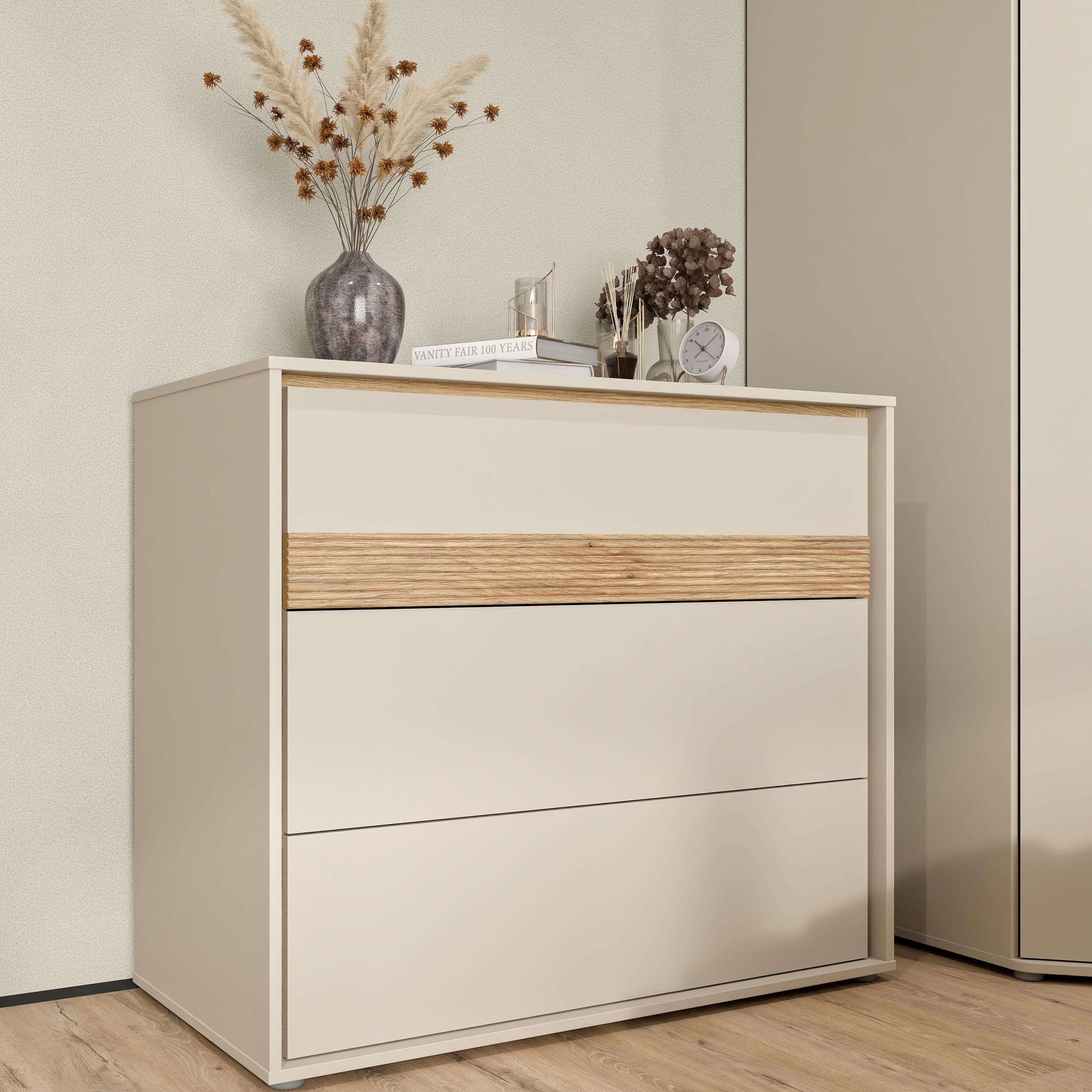 Forte WEXLIN Kommode 95 100, Moderne Kommode mit 3 Schubladen, Kinder- und Jugendzimmer, Holzwerkstoff, Kaschmir