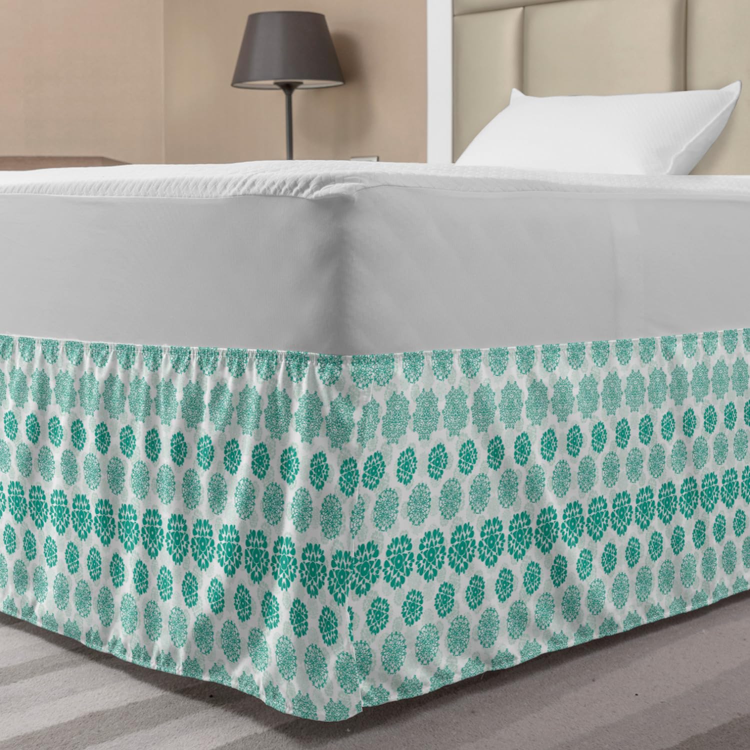 Lunarable Emerald Bed Skirt Abstract Ornamental Floral Arrangement Elements Mandala Inspired Modern Design Elastic Bedskirt Dust Ruffle Wrap