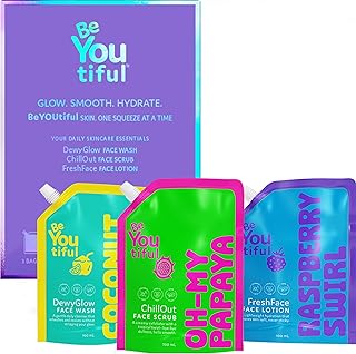 BeYoutiful 3 Step Teen Skin Care Kit, Face Wash, Face Scrub, Face Moisturizer Lotion, Skincare Routine Gift Set for Tweens and Kids in Trendy Squeeze Pouches, Vegan, for Girls and Boys