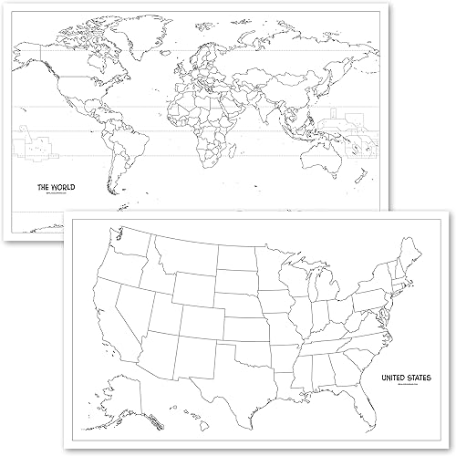 Palace Learning Paquete de 2 pósteres de contorno en blanco de Estados Unidos y del mundo - Laminados, 18 x 29 pulgadas - Solo marcadores de borrado