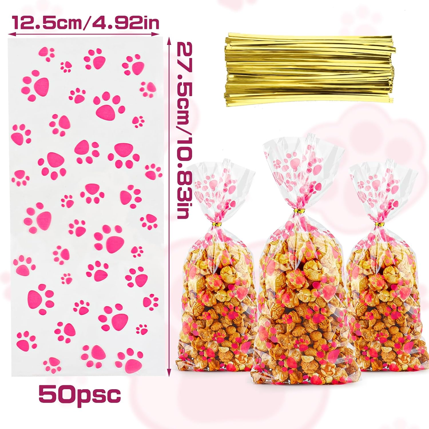 Zi Lan 50 Pcs Pink Pet Paw Cellophane Treat Bags Dog Paw Party Favor Gift Candy Bags for Pet Birthday Party Decorations Supplies with 50 Pcs Golden Twist Ties image 3