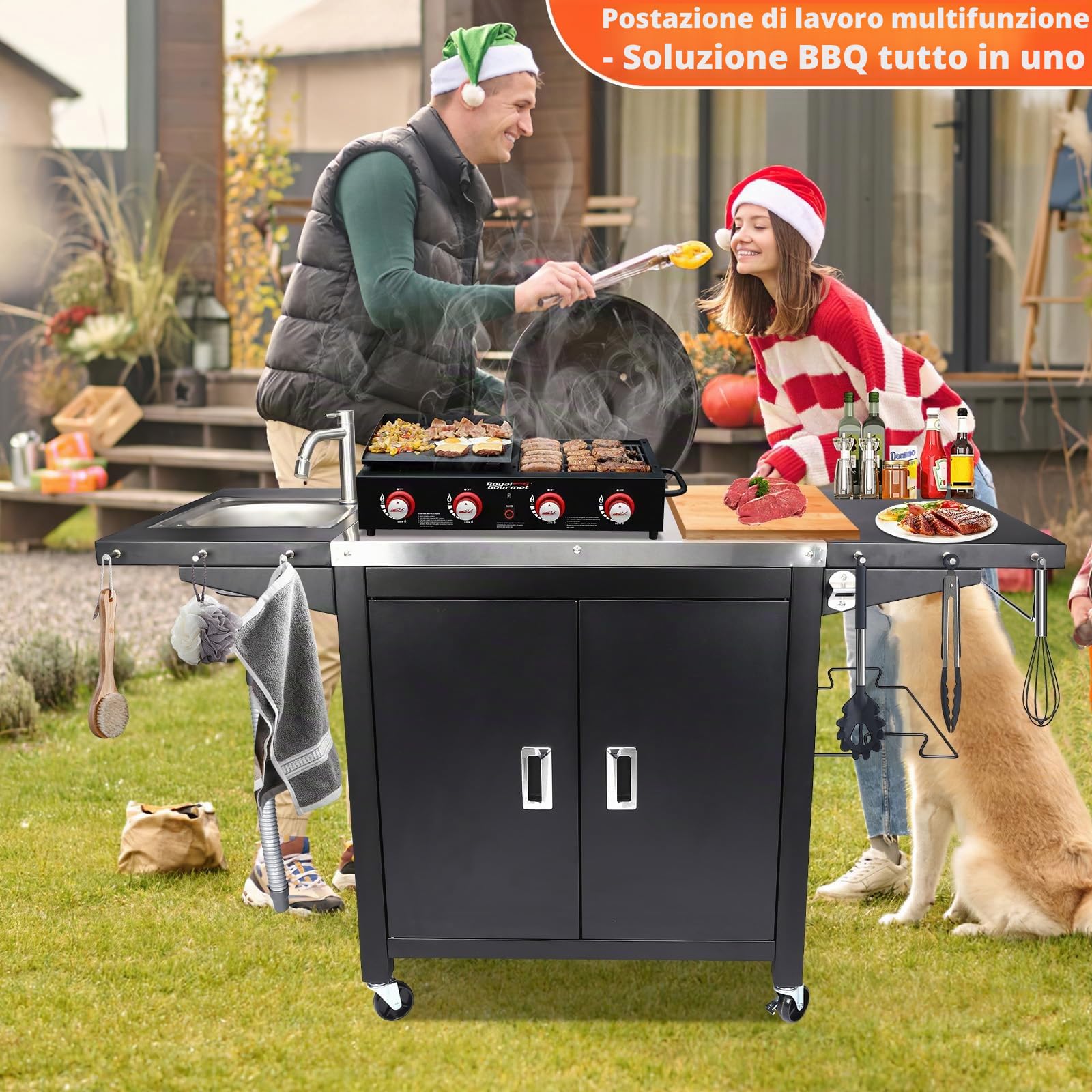 GFTIME Carrello per barbecue, cucina all'aperto, tavolo per pizza mobile, in acciaio inox, con ruote, 154 x 63 x 89 cm