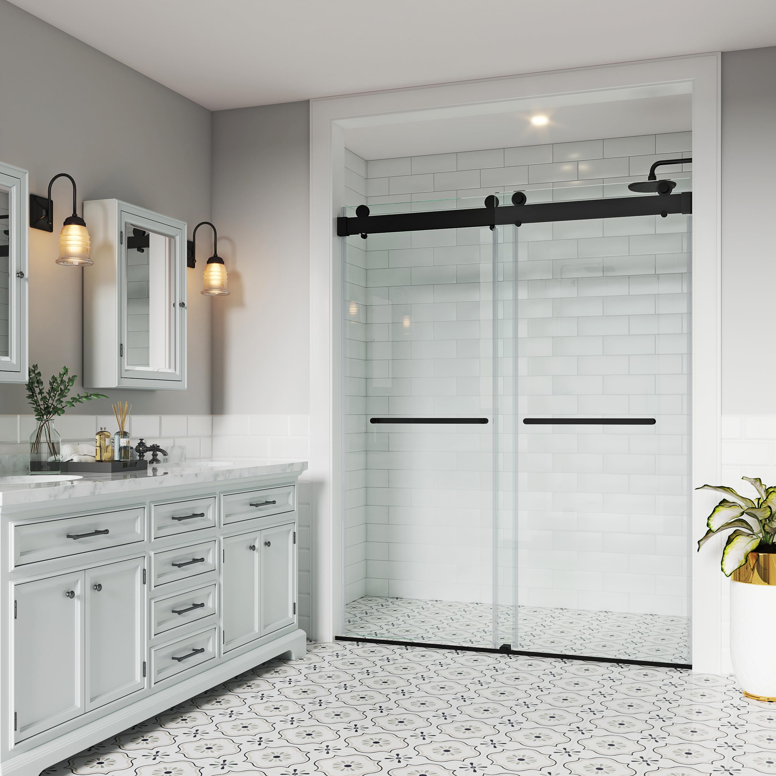 Shower Doors Frameless Soft Closing 52-54" W x 76" H Width Adjustable Double Sliding 3/8"(10mm) Clear Tempered SGCC Glass Stainless Steel Hardware (Matte Black)
