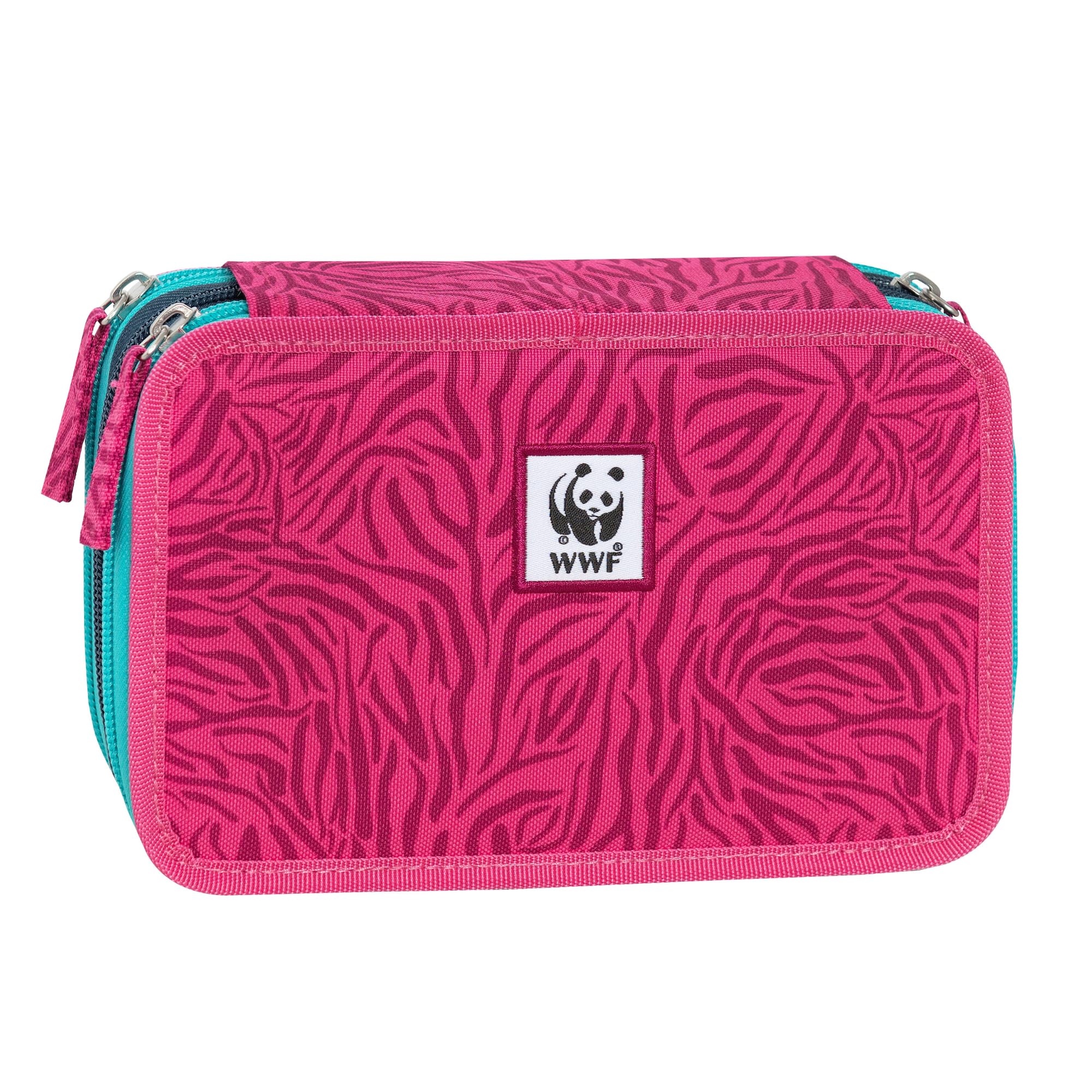 Franco Cosimo Panini WWF – Estuche escolar oficial WWF, estuche con 3 compartimentos para niño y niña con juego de papelería, bolígrafo borrable azul Frixion y práctico cierre de cremallera, 20 x 13 x