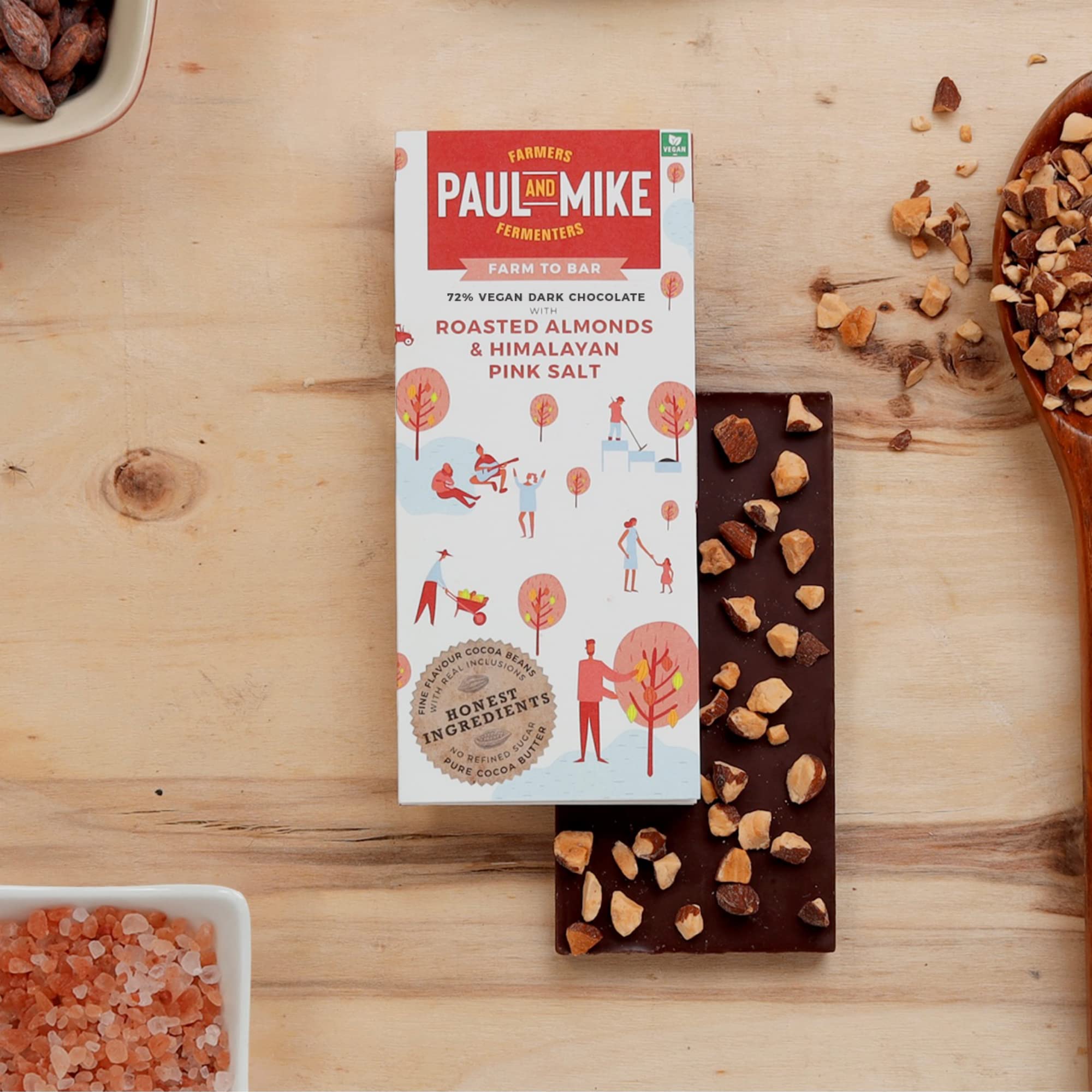 Paul And Mike 72% Vegan Dark Chocolate with Roasted Almonds & Himalayan Pink Salt, 68 g (Pack of 1)