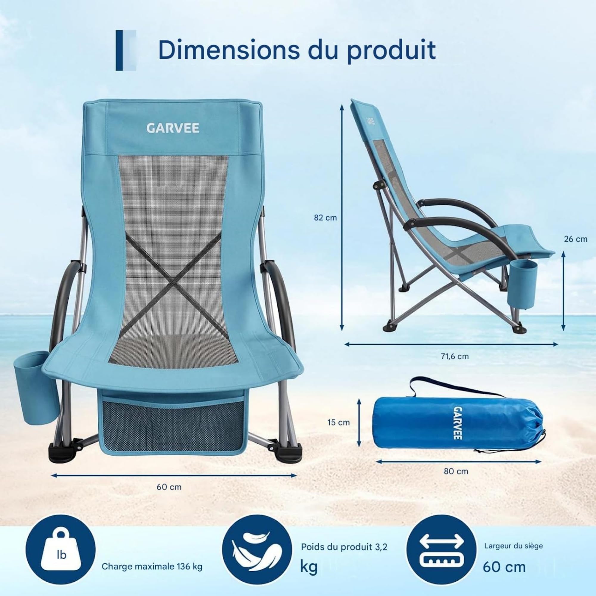 Garvee Chaise De Plage Pliante Robuste Et Légère, Chaise Plage Pliante Legere Inclinable, Sangles Sac à Dos, Poche Téléphone, Porte-Gobelet, Idéale pour Camping (Bleu, 2packs)