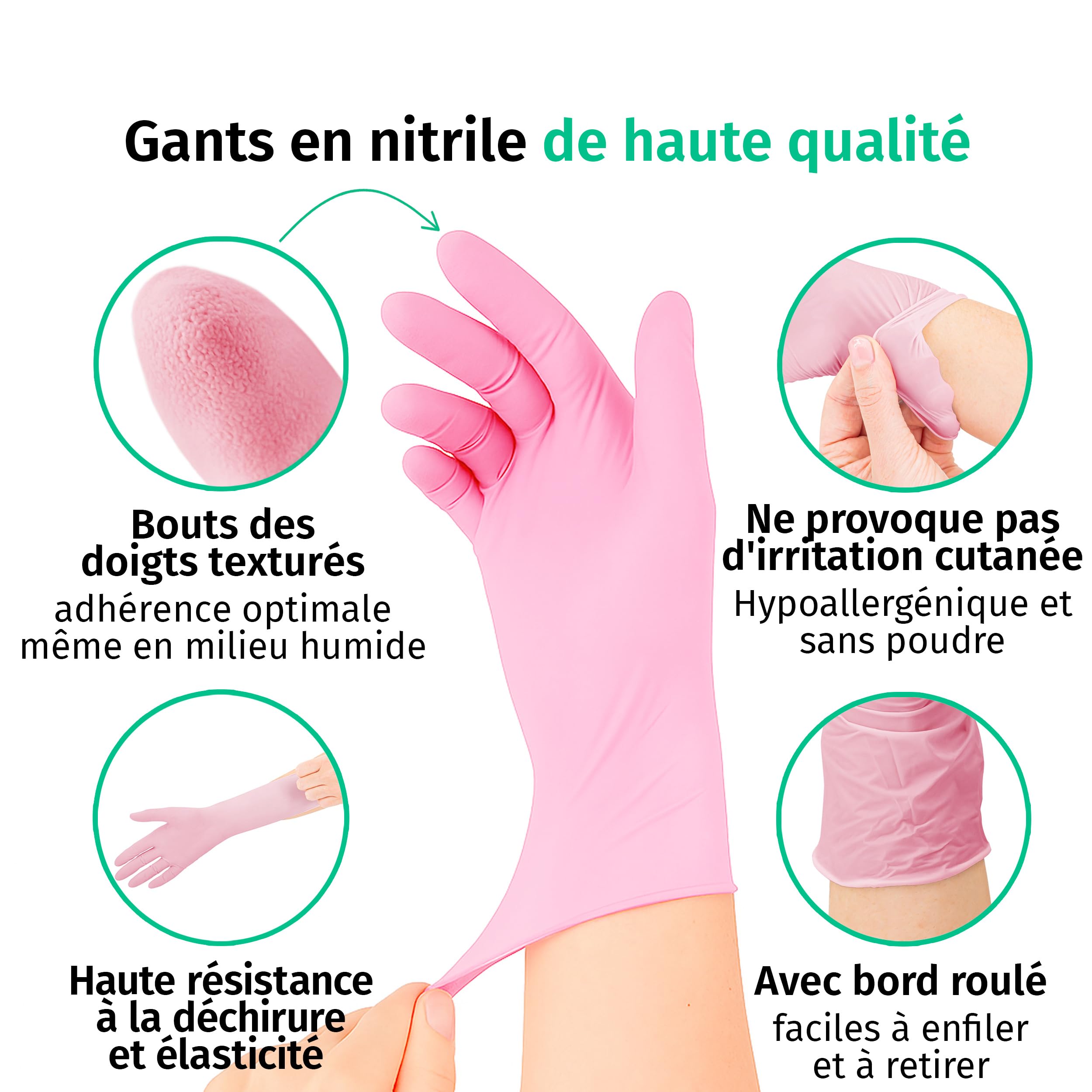 SF Gants nitrile roses M – 1000 (10x100) gants jetables, non poudrés, sans latex, résistants, pour la cuisine, l’usage médical, le ménage, la mécanique, le tatouage, la coiffure, l’usage alimentaire