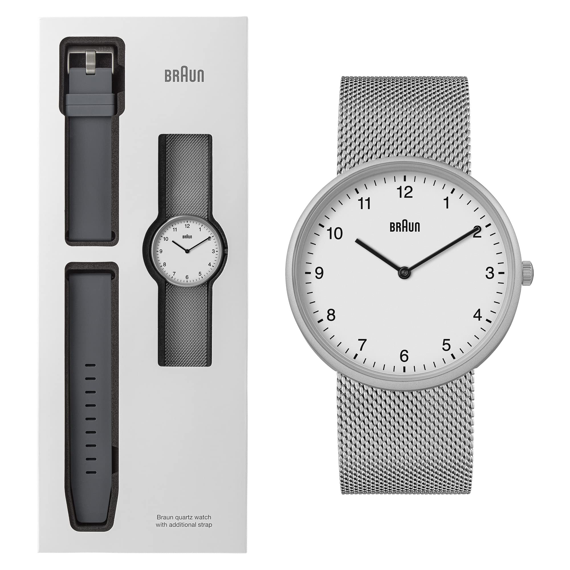 Braun Orologio analogico al quarzo a 2 lancette con cinturino aggiuntivo in gomma siliconica, anse a molla a sgancio rapido, 38 mm.