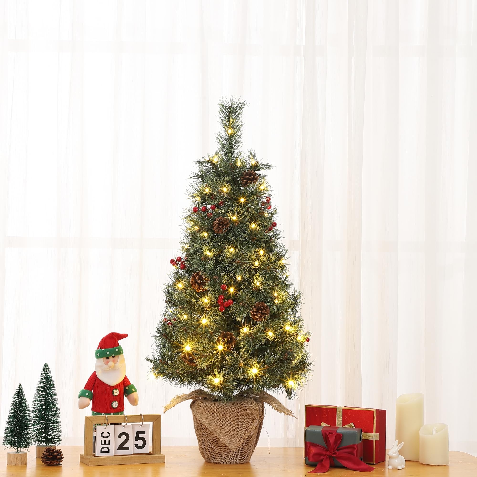 3 Ft Pre-Lit Artificial Small Christmas Tree with 78 Warm White Lights, Tabletop Mini Christmas Tree with a Burlap Base, Battery Operated and Timer Function, Christmas Decoration for Home