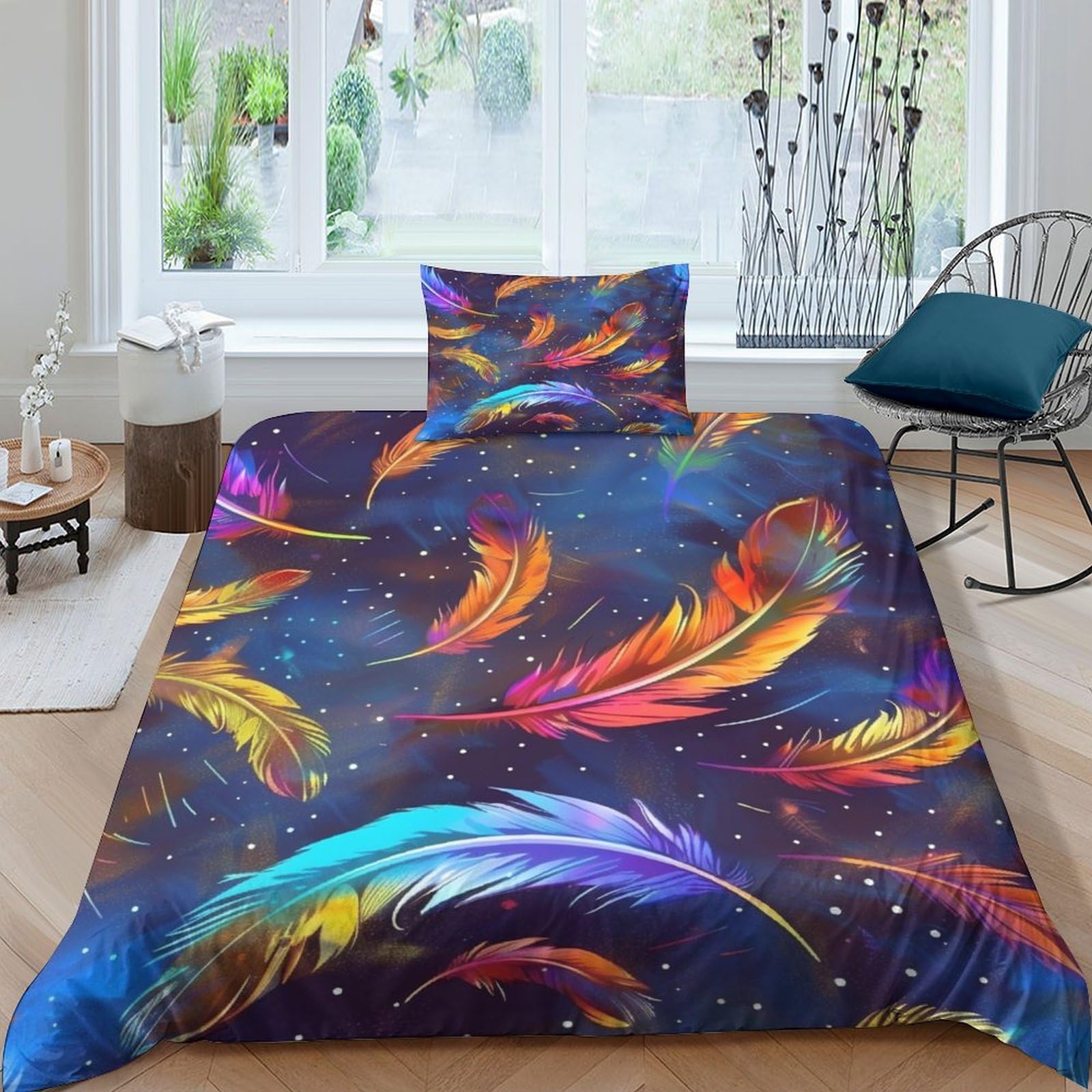 UENDOKRNN Colourful Feathers Duvet Cover 3 PCS Hotel Quality Quilt Cover Bedding Bed Covers with Pillowcases with Zipper Closure Ultra Soft Anti Allergic Microfiber Single（135x200cm）