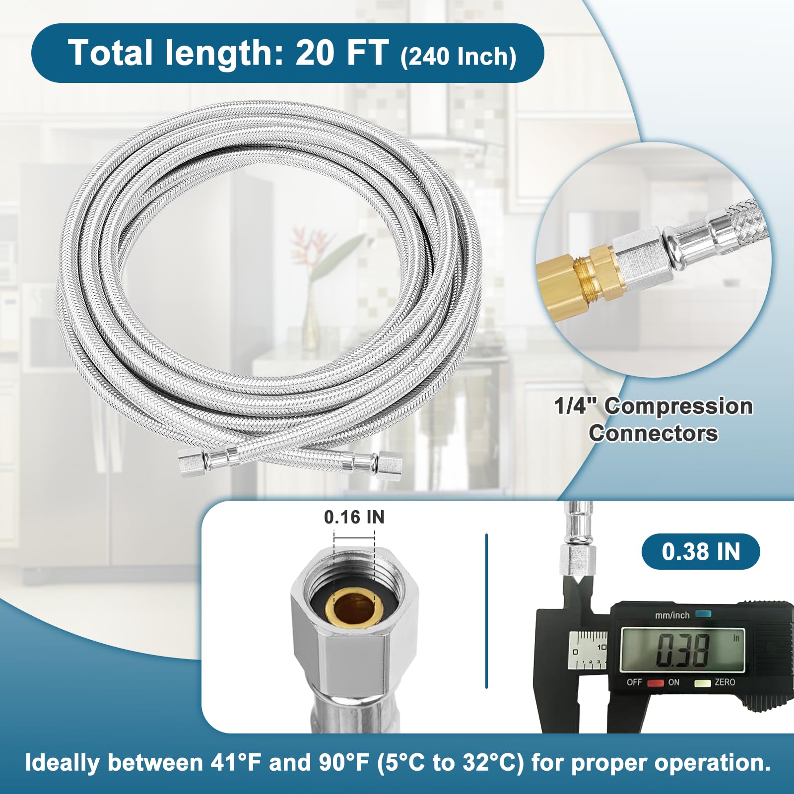Linea dell'acqua universale per frigorifero, lunghezza 7,8 m, lunghezza 6 m, con raccordo di collegamento da 0,6 cm, tubo flessibile in acciaio inox intrecciato per macchina del ghiaccio per