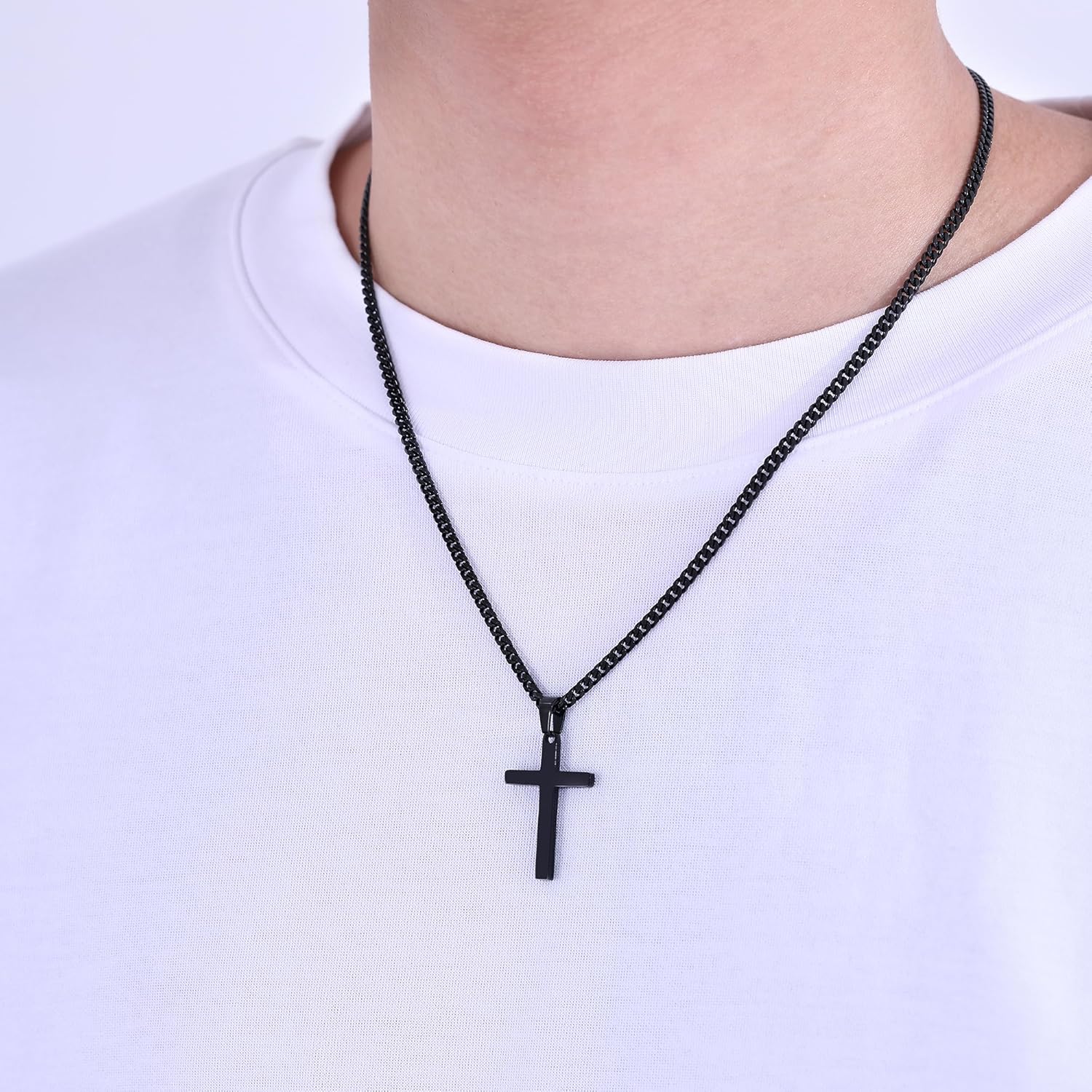 Fiusem Cross Necklace for Men, Silver Tone/Black/14K Gold Plated Mens Cross Necklaces with 3.5mm Chain and Stainless Pendant, Cuban Chain 16-24 Inches - Image 3