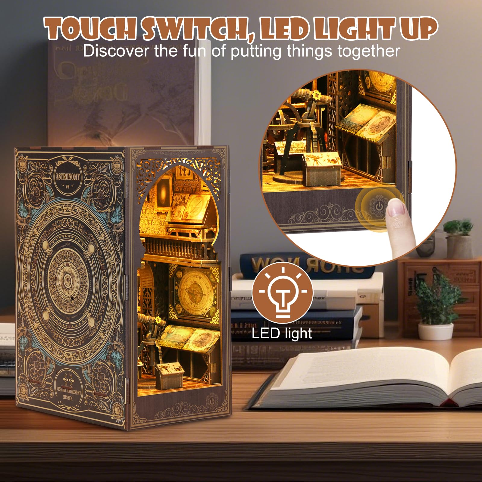 DIY Book Nook Kit: 3D Wooden Puzzle Dollhouse Miniature House Kit with Sensor LED Light for Bookshelf Bookend Insert Tiny House Decor Adults Teen Crafts Model Build Gift